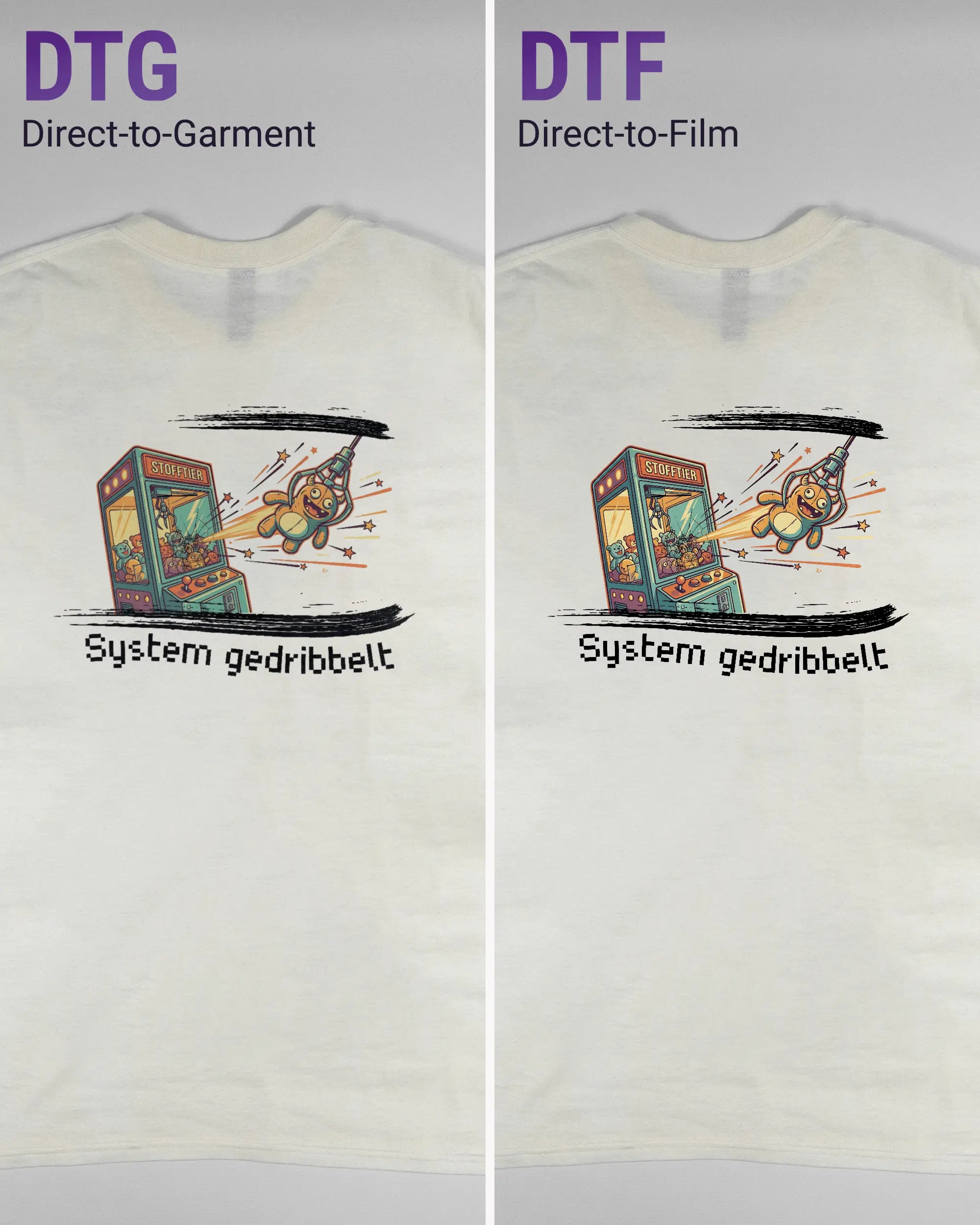 Vergleich der Rückseiten des Basic Unisex T-Shirt Regular von Maondo mit dem Design System gedribbelt in der Farbe White und in der Größe L links mit dem Direct-to-Garment und rechts mit dem Direct-to-Film Verfahren