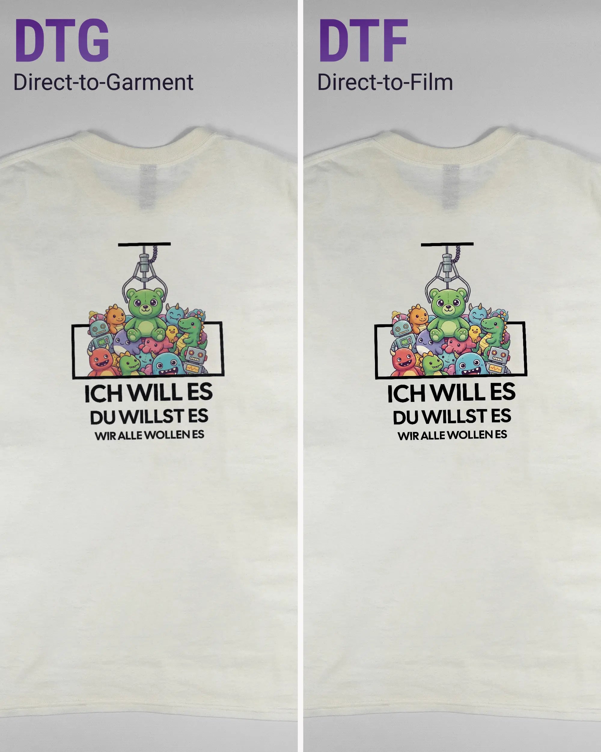 Vergleich der Rückseiten des Basic Unisex T-Shirt Regular von Maondo mit dem Design Will Stofftier in der Farbe White und in der Größe L links mit dem Direct-to-Garment und rechts mit dem Direct-to-Film Verfahren