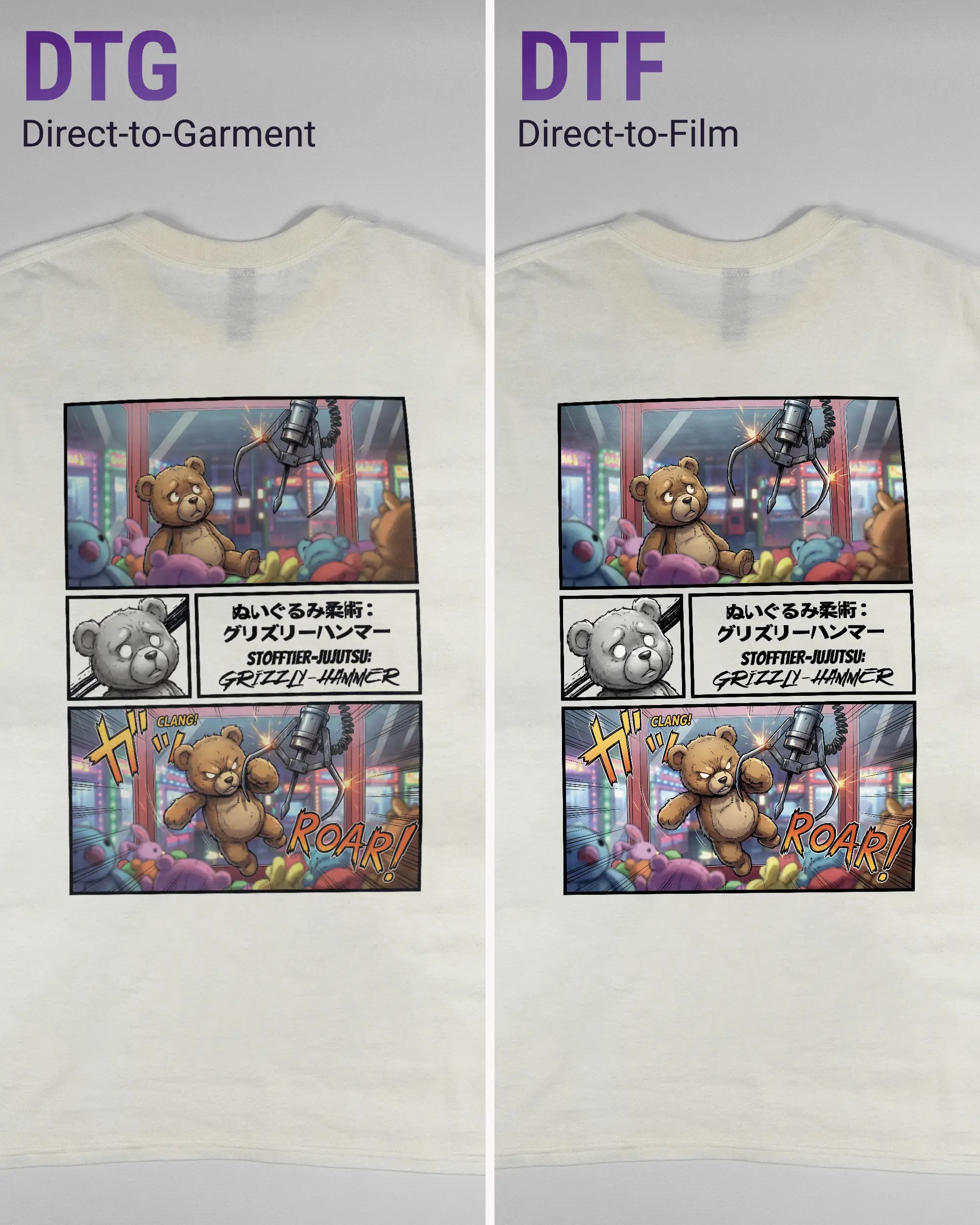 Vergleich der Rückseiten des Basic Unisex T-Shirt Regular von Maondo mit dem Design Manga Stoff in der Farbe White und in der Größe L links mit dem Direct-to-Garment und rechts mit dem Direct-to-Film Verfahren