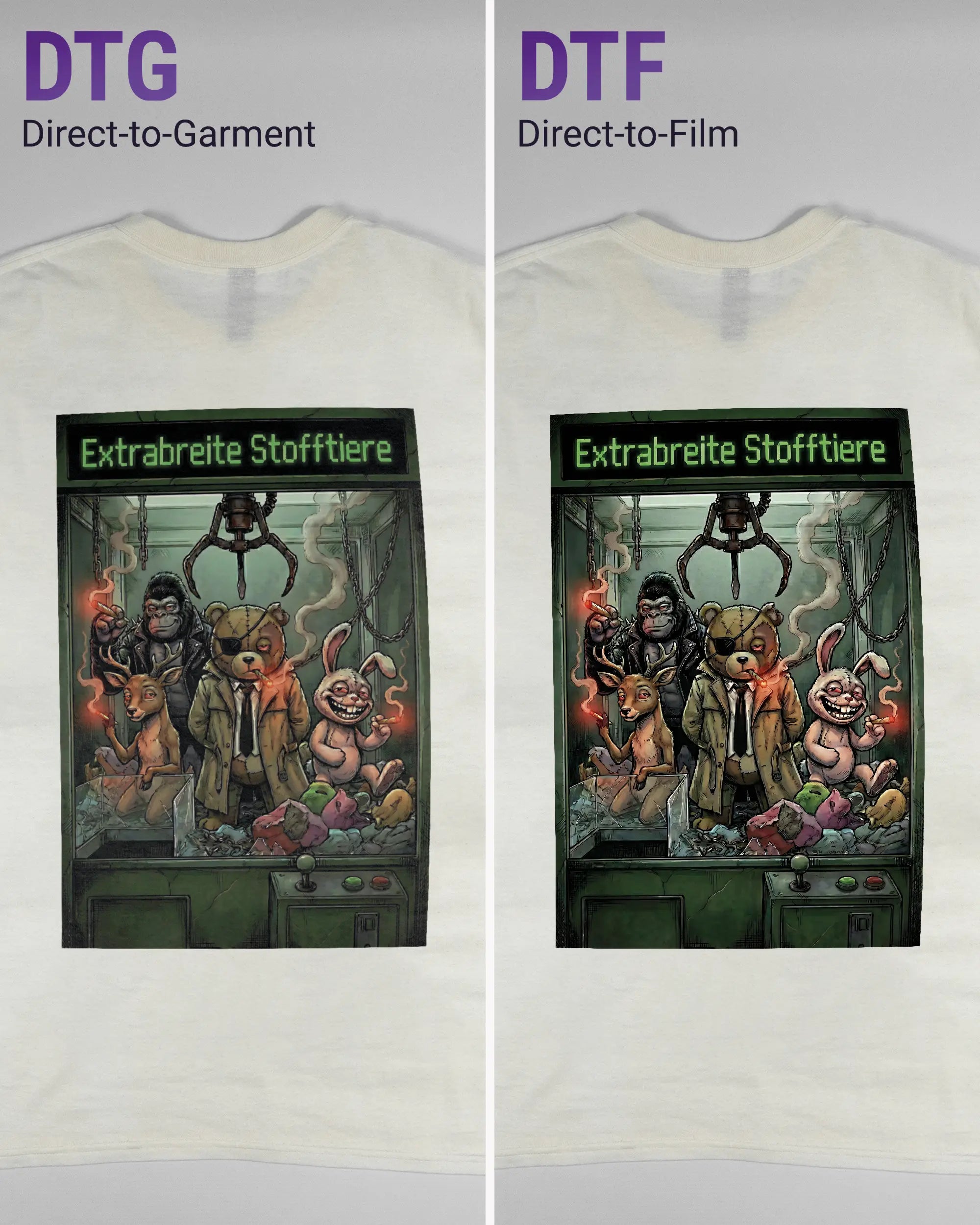 Vergleich der Rückseiten des Basic Unisex T-Shirt Regular von Maondo mit dem Design Extrabreit in der Farbe White und in der Größe L links mit dem Direct-to-Garment und rechts mit dem Direct-to-Film Verfahren