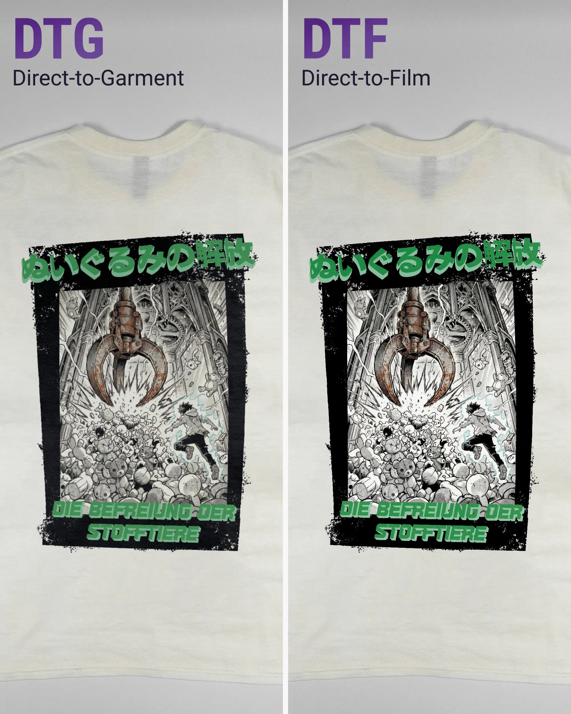 Vergleich der Rückseiten des Basic Unisex T-Shirt Regular von Maondo mit dem Design Save 1 Stofftier in der Farbe White und in der Größe L links mit dem Direct-to-Garment und rechts mit dem Direct-to-Film Verfahren