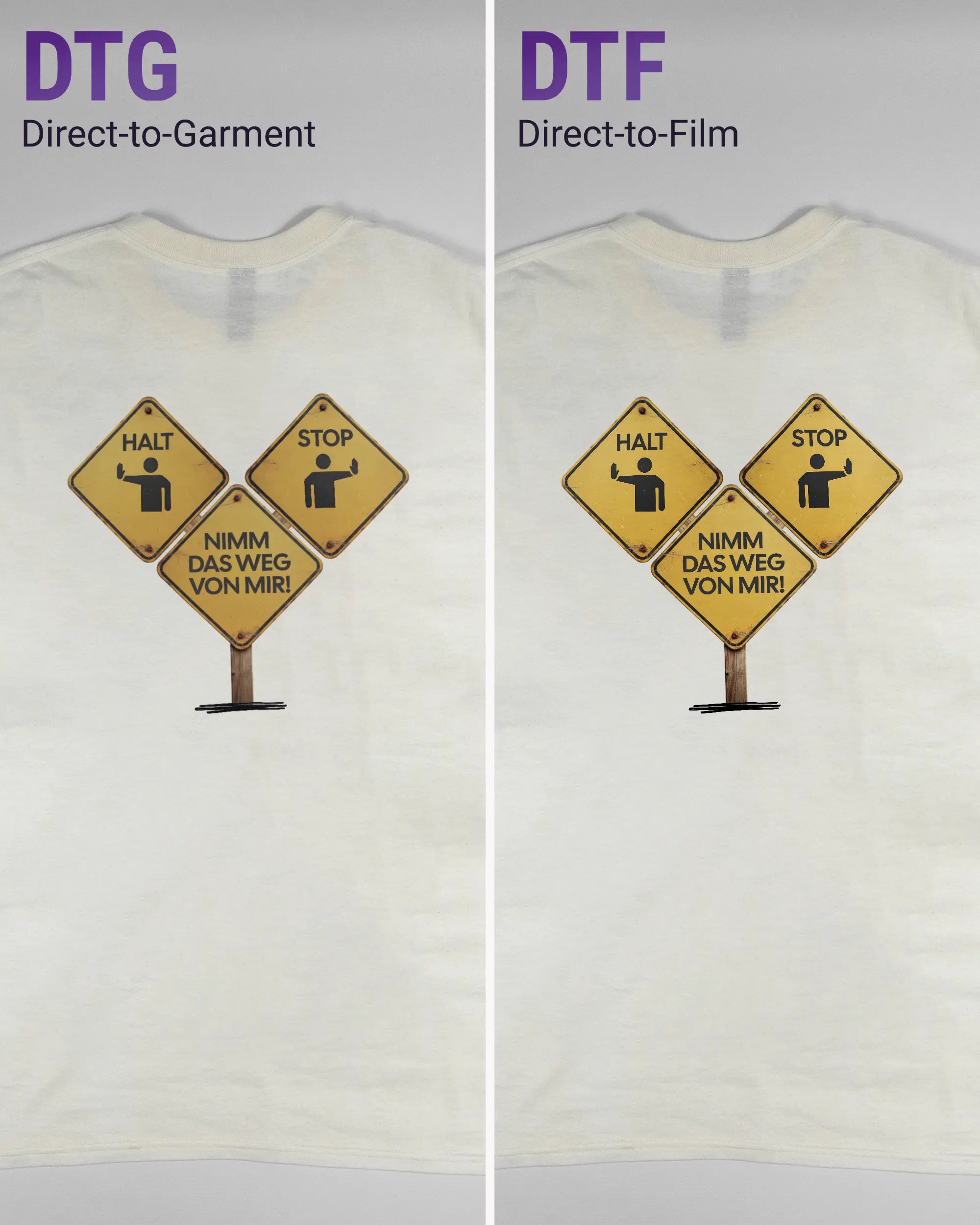 Vergleich der Rückseiten des Basic Unisex T-Shirt Regular von Maondo mit dem Design Schutzschild in der Farbe White und in der Größe L links mit dem Direct-to-Garment und rechts mit dem Direct-to-Film Verfahren