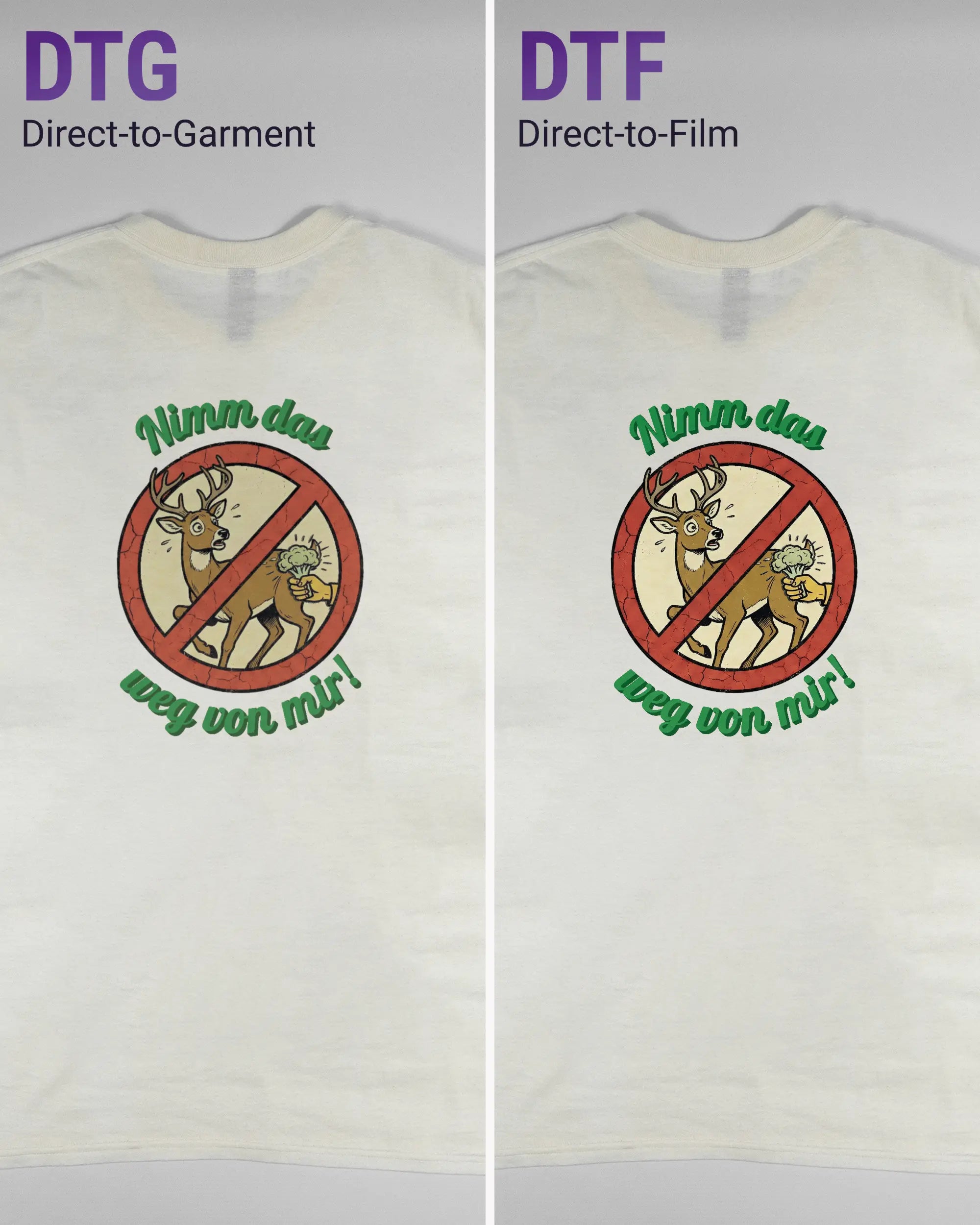 Vergleich der Rückseiten des Basic Unisex T-Shirt Regular von Maondo mit dem Design Reh weg in der Farbe White und in der Größe L links mit dem Direct-to-Garment und rechts mit dem Direct-to-Film Verfahren