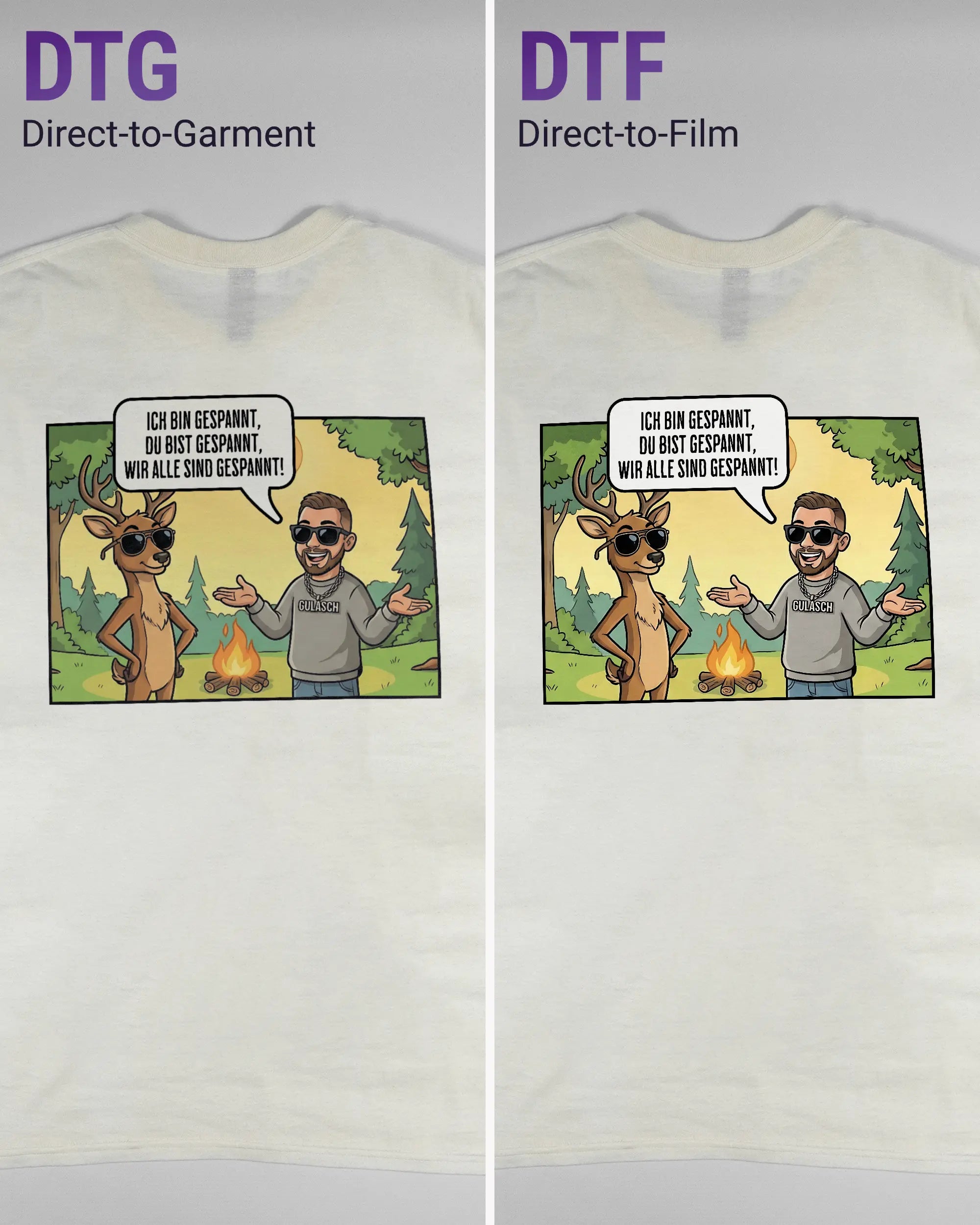 Vergleich der Rückseiten des Basic Unisex T-Shirt Regular von Maondo mit dem Design Vollspannung in der Farbe White und in der Größe L links mit dem Direct-to-Garment und rechts mit dem Direct-to-Film Verfahren