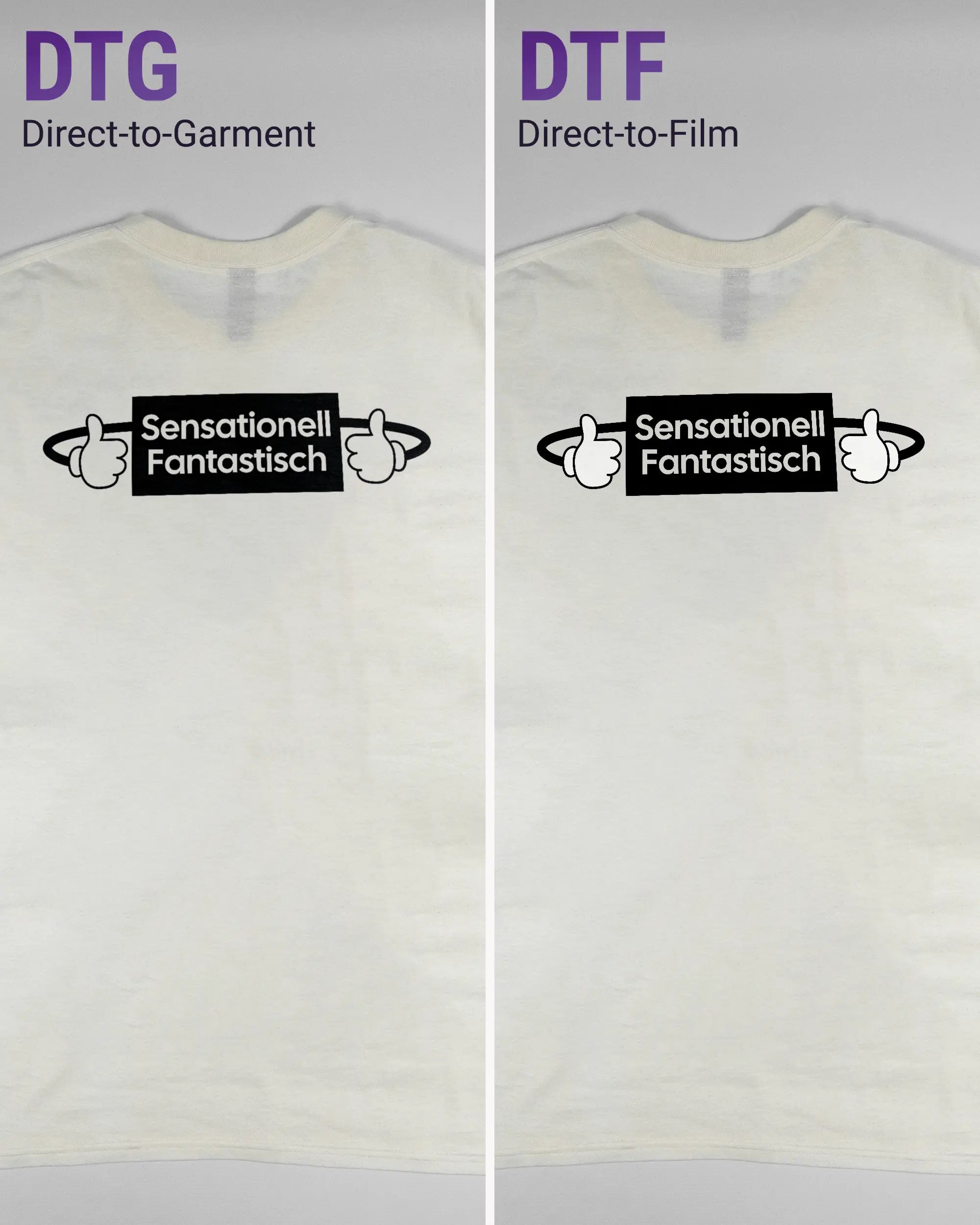 Vergleich der Rückseiten des Basic Unisex T-Shirt Regular von Maondo mit dem Design Fantastisch in der Farbe White und in der Größe L links mit dem Direct-to-Garment und rechts mit dem Direct-to-Film Verfahren