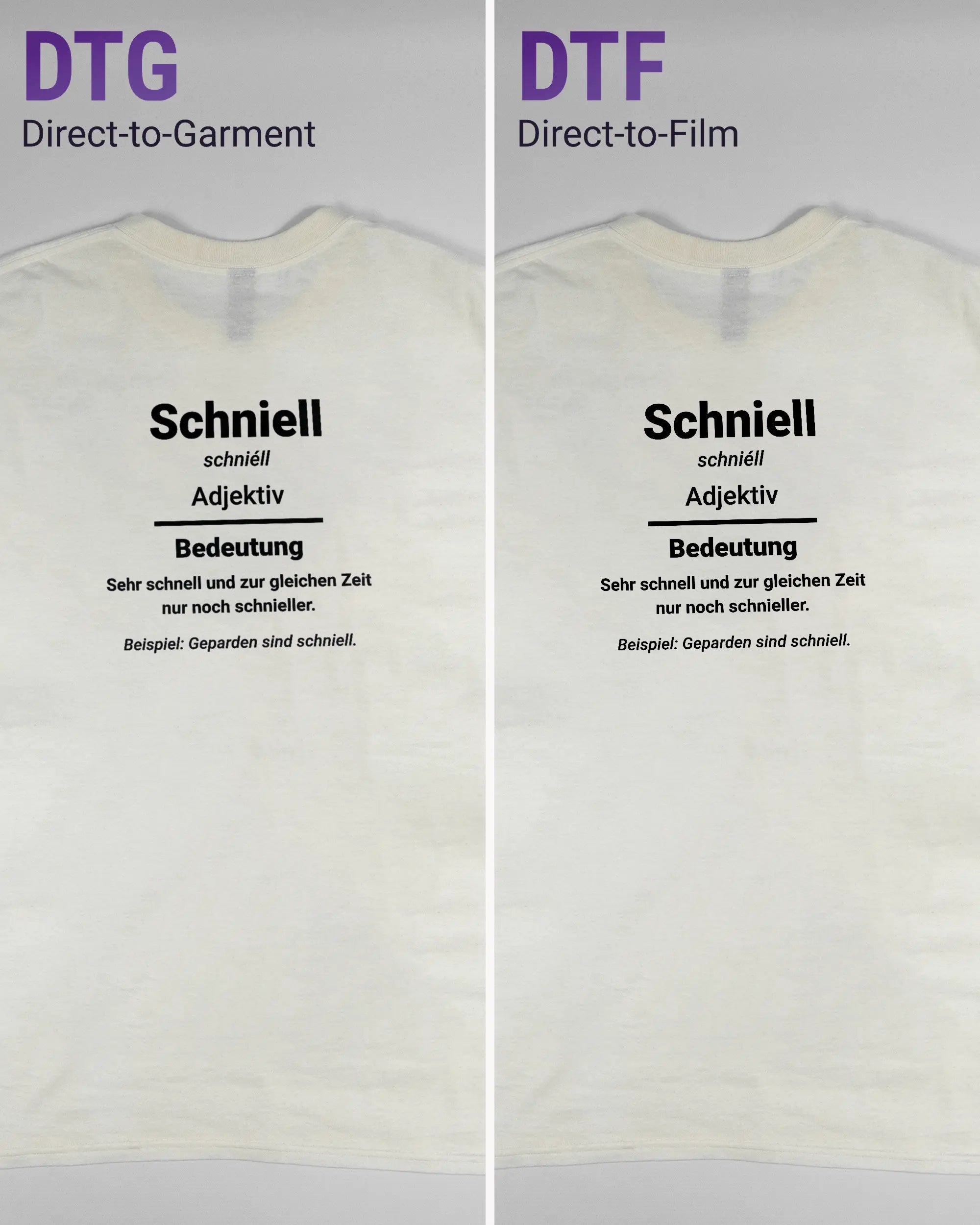 Vergleich der Rückseiten des Basic Unisex T-Shirt Regular von Maondo mit dem Design Schniell in der Farbe White und in der Größe L links mit dem Direct-to-Garment und rechts mit dem Direct-to-Film Verfahren