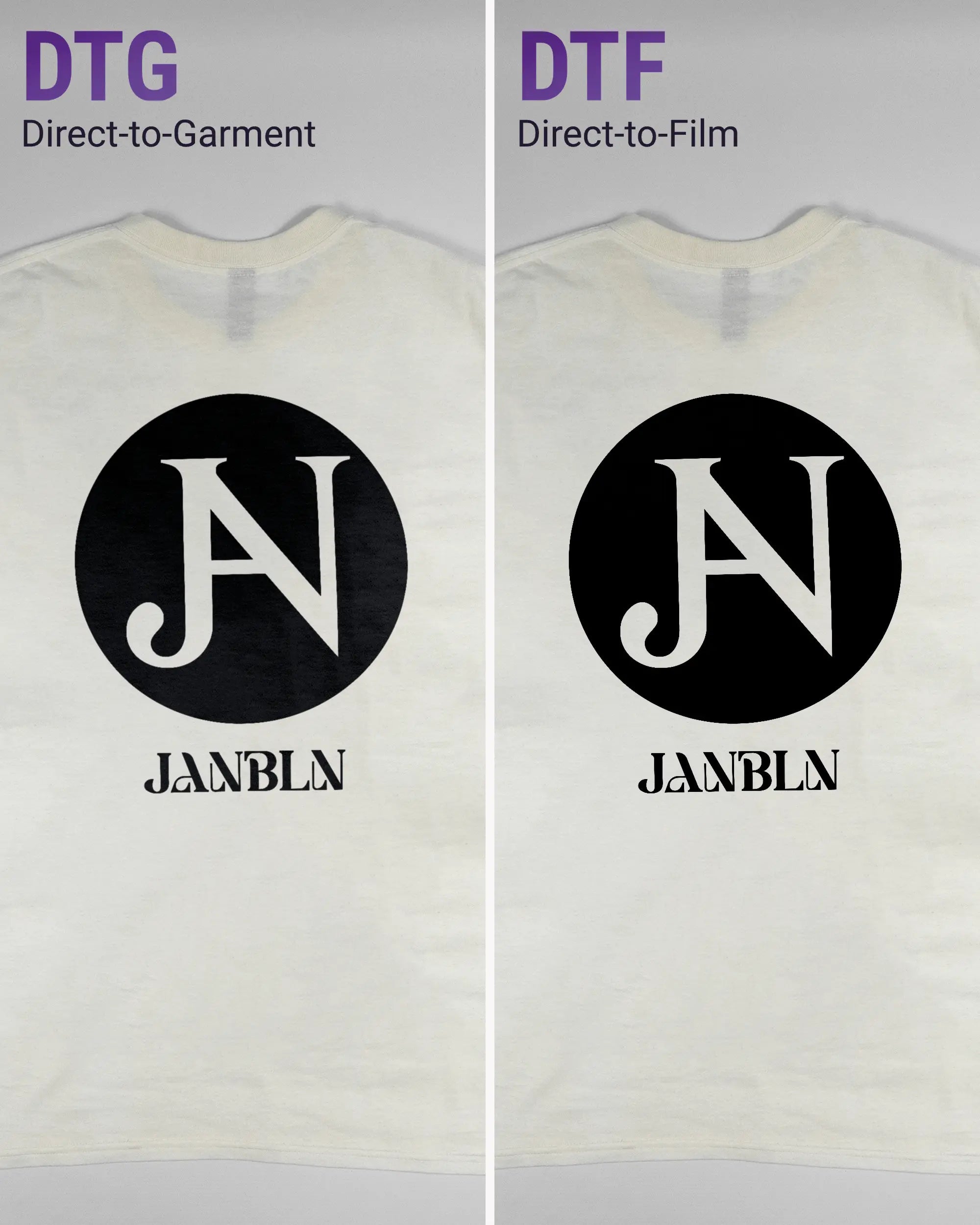 Vergleich der Rückseiten des Basic Unisex T-Shirt Regular von Maondo mit dem Design JB1 in der Farbe White und in der Größe L links mit dem Direct-to-Garment und rechts mit dem Direct-to-Film Verfahren