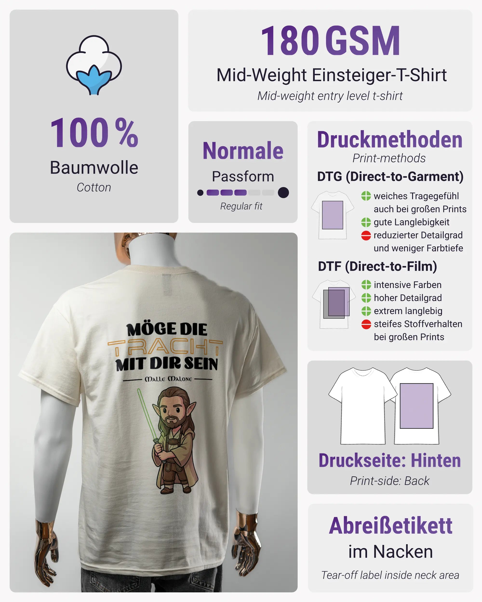 Produktinformationsblatt des Basic Unisex T-Shirt Regular von Maondo mit dem Design Tracht mit dir hinten in der Farbe White und in der Größe L