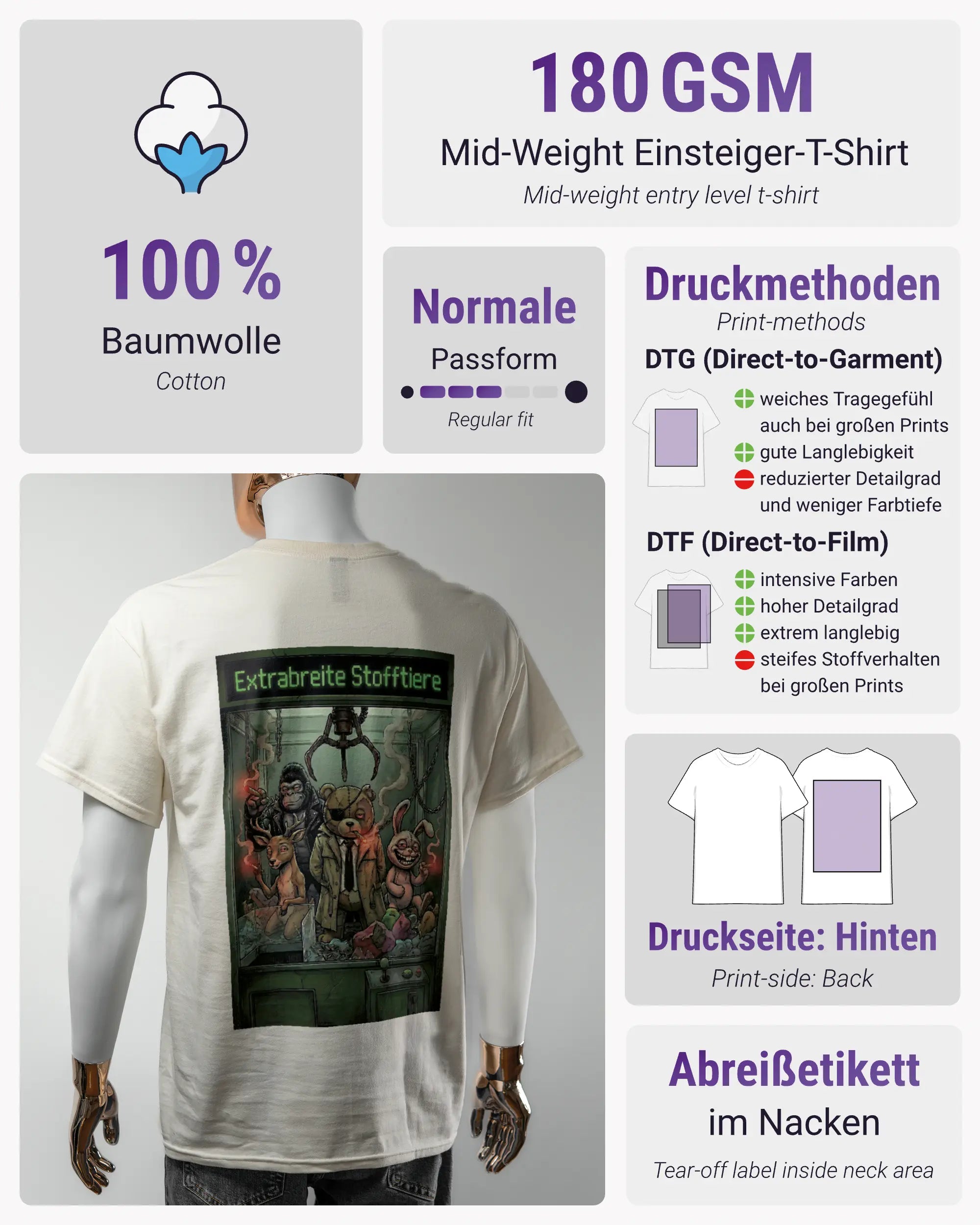 Produktinformationsblatt des Basic Unisex T-Shirt Regular von Maondo mit dem Design Extrabreit hinten in der Farbe White und in der Größe L