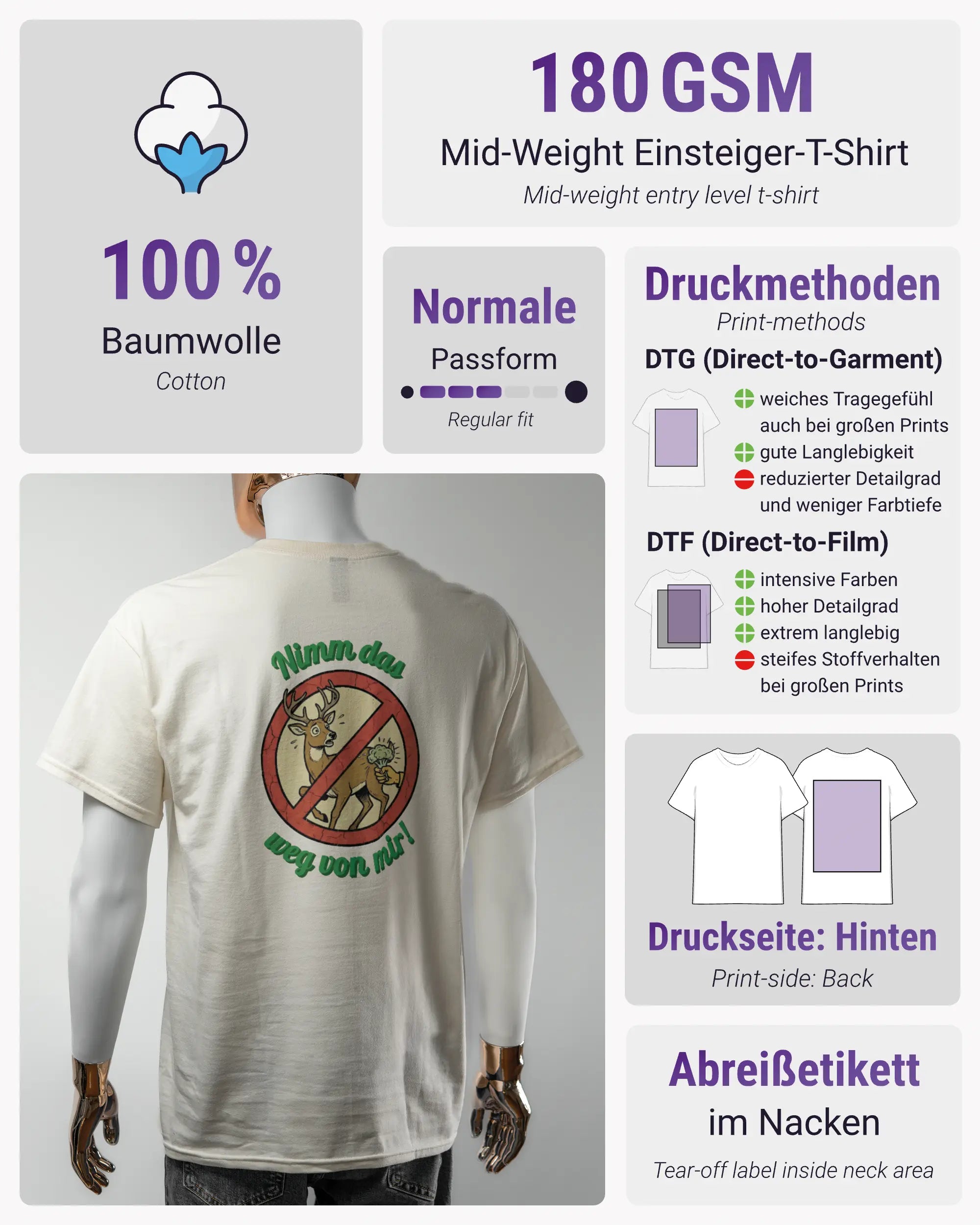 Produktinformationsblatt des Basic Unisex T-Shirt Regular von Maondo mit dem Design Reh weg hinten in der Farbe White und in der Größe L
