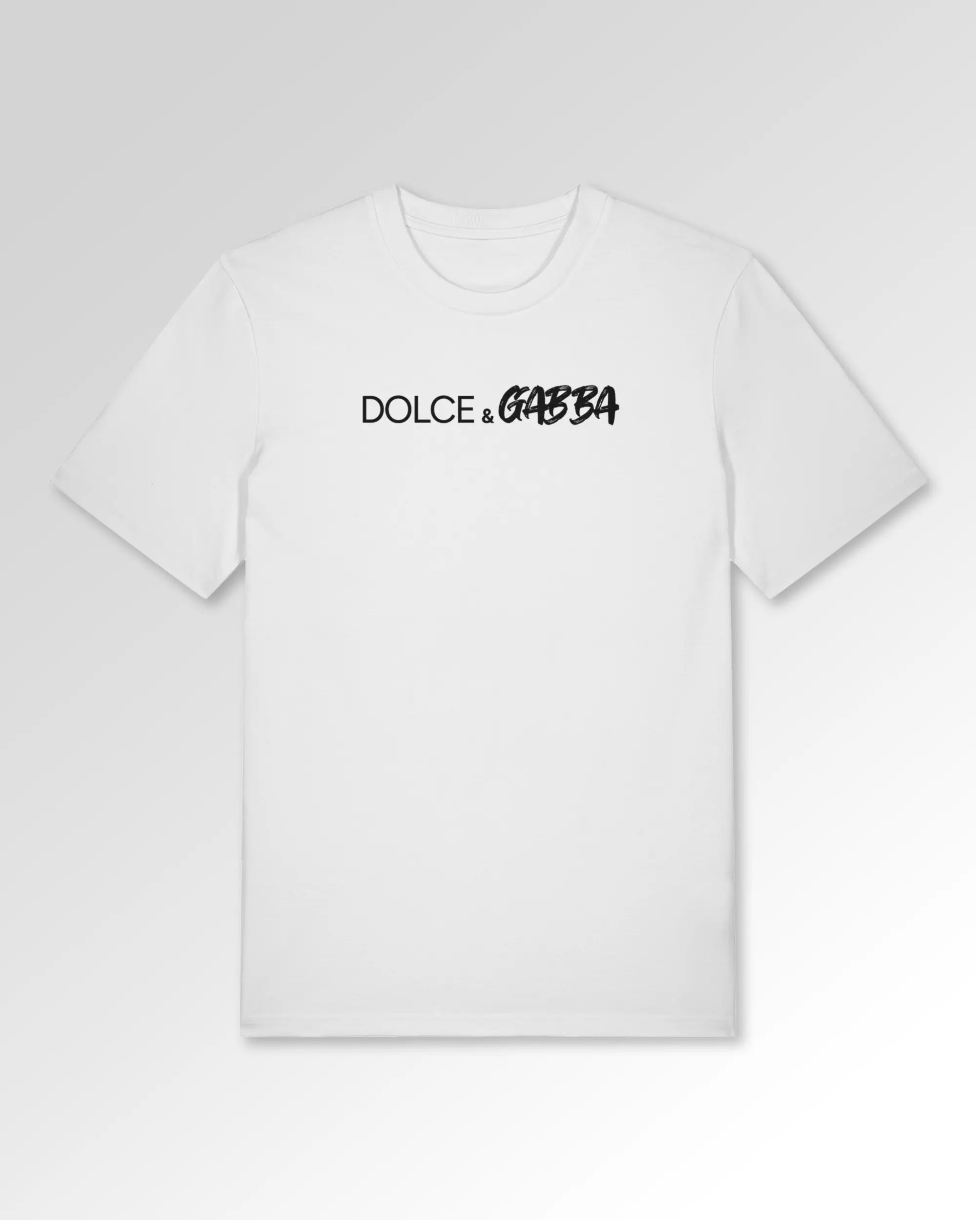 Packshot der Druckseite des Organic Unisex T-Shirts von Maondo im Casual Fit mit dem Design Dolce & Gabba in der Farbe White