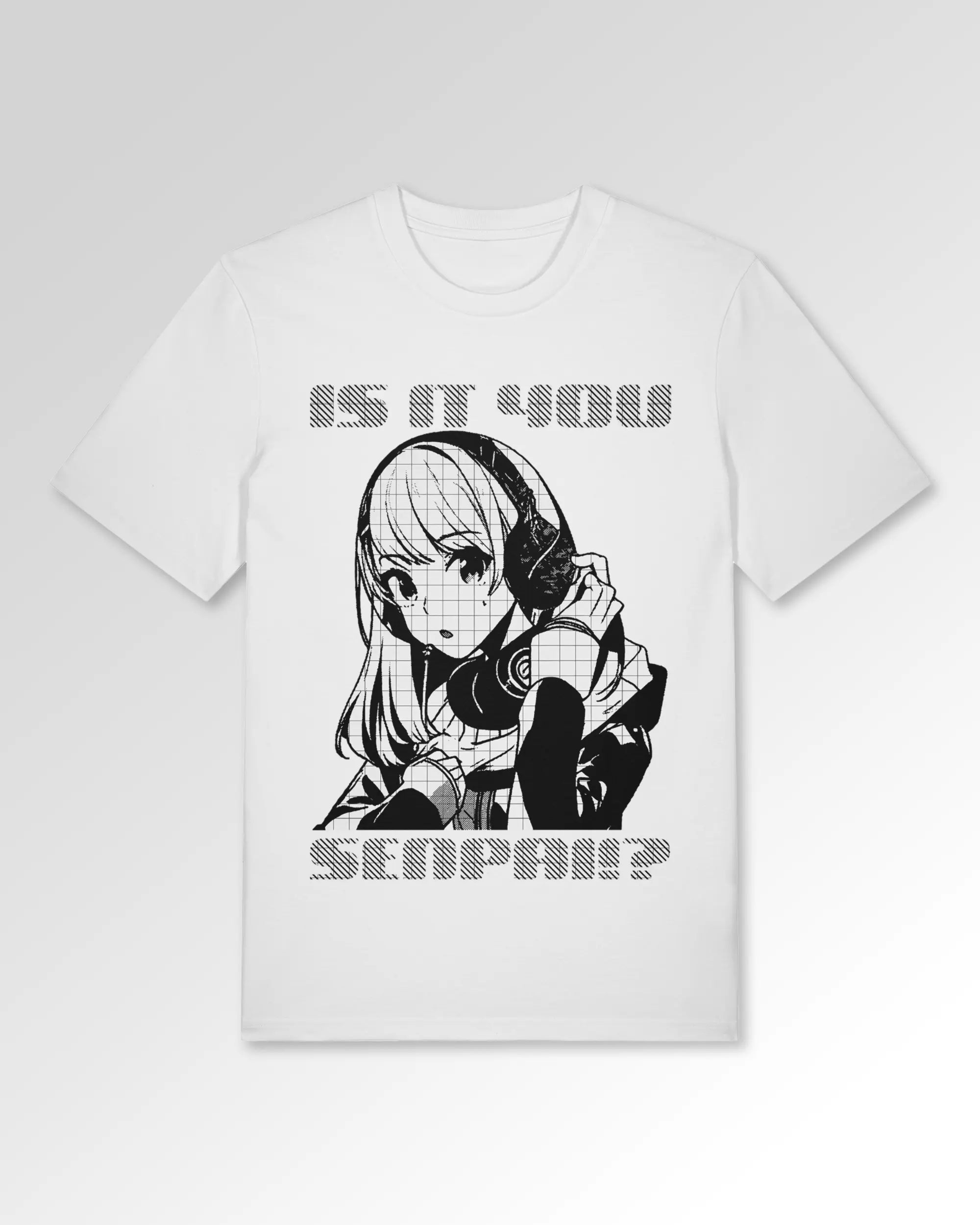 Packshot der Druckseite des Organic Unisex T-Shirts von Maondo im Casual Fit mit dem Design Senpai it is in der Farbe White