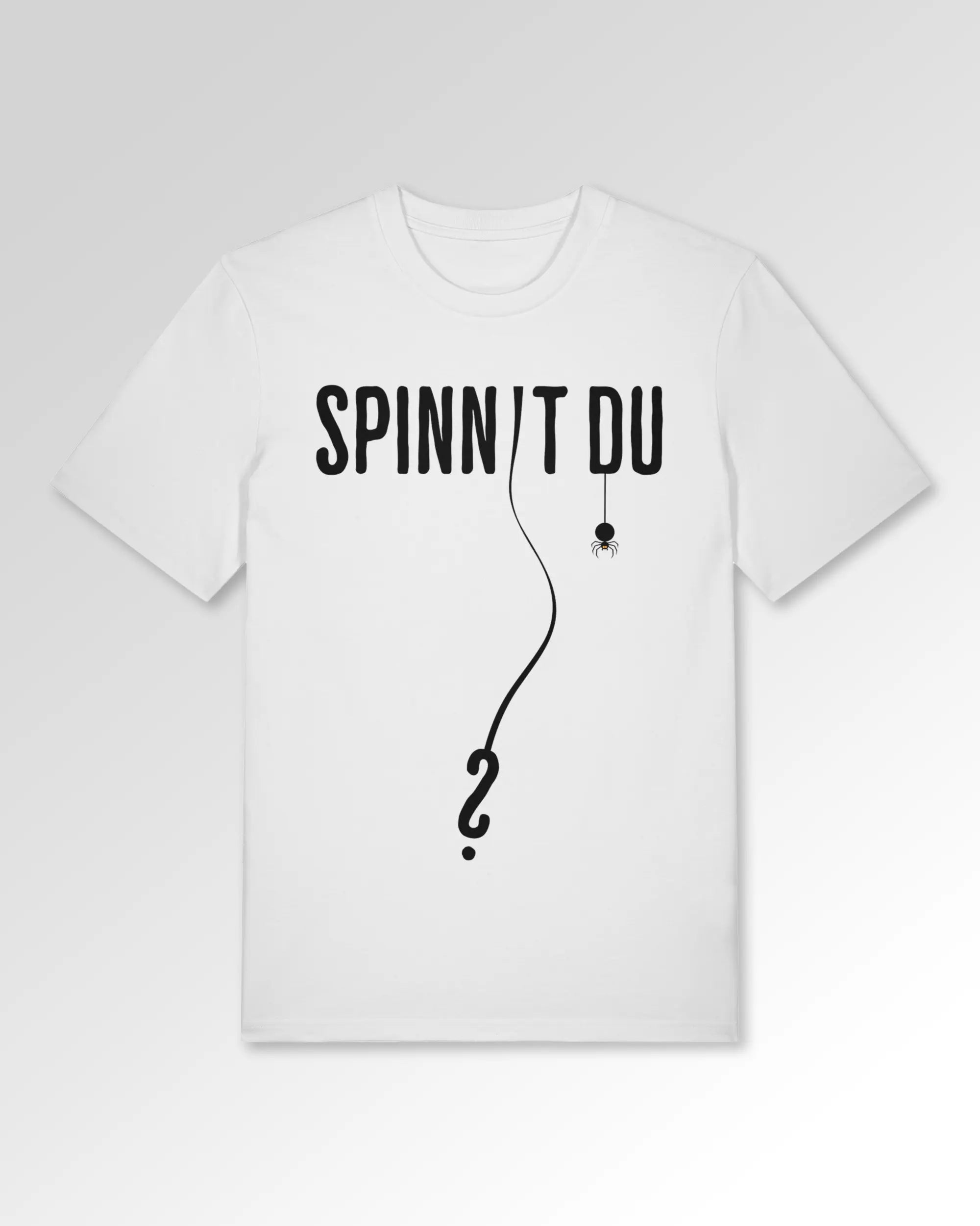 Packshot der Druckseite des Organic Unisex T-Shirts von Maondo im Casual Fit mit dem Design Spinnst du? in der Farbe White