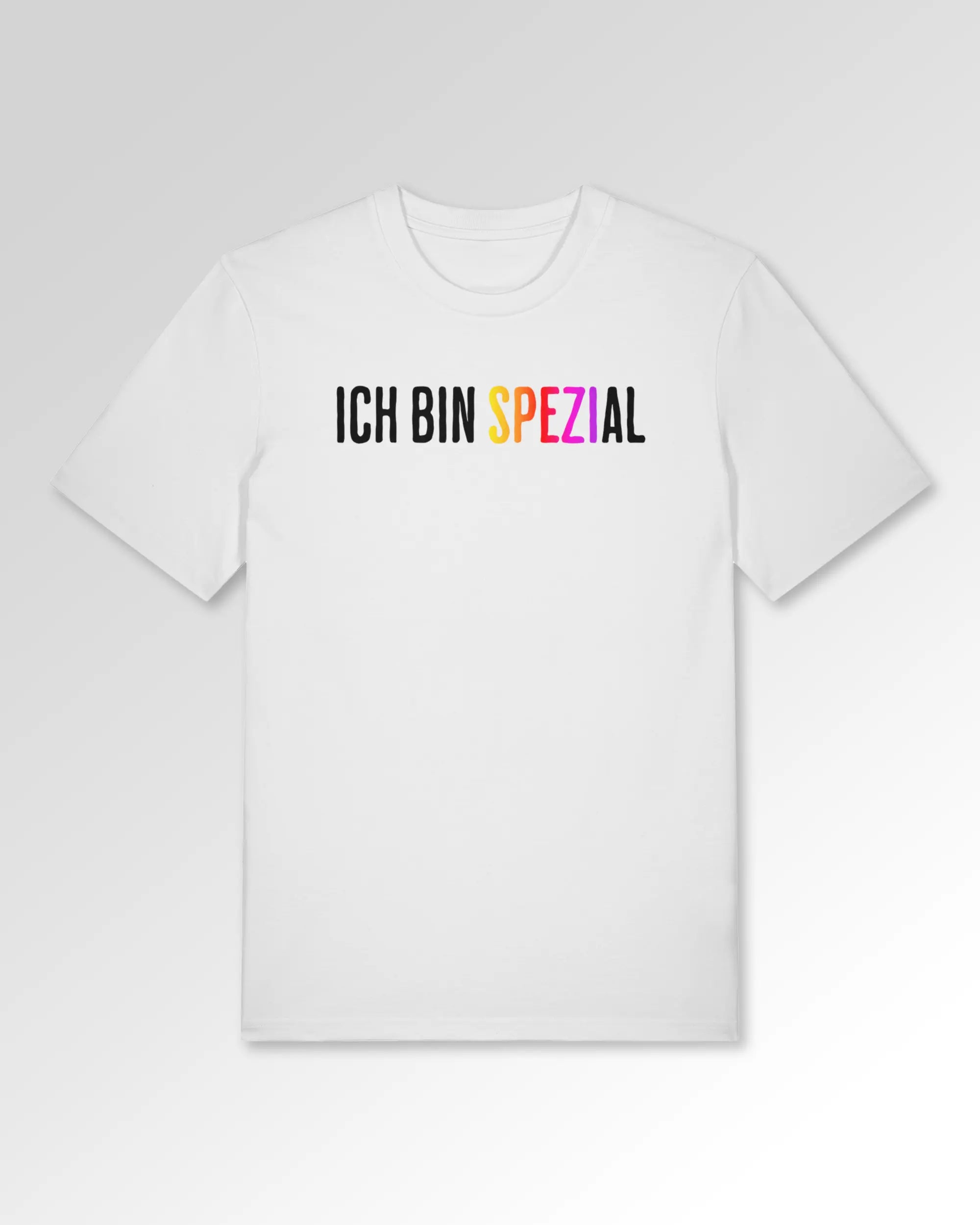 Packshot der Druckseite des Organic Unisex T-Shirts von Maondo im Casual Fit mit dem Design Ich bin Spezial in der Farbe White