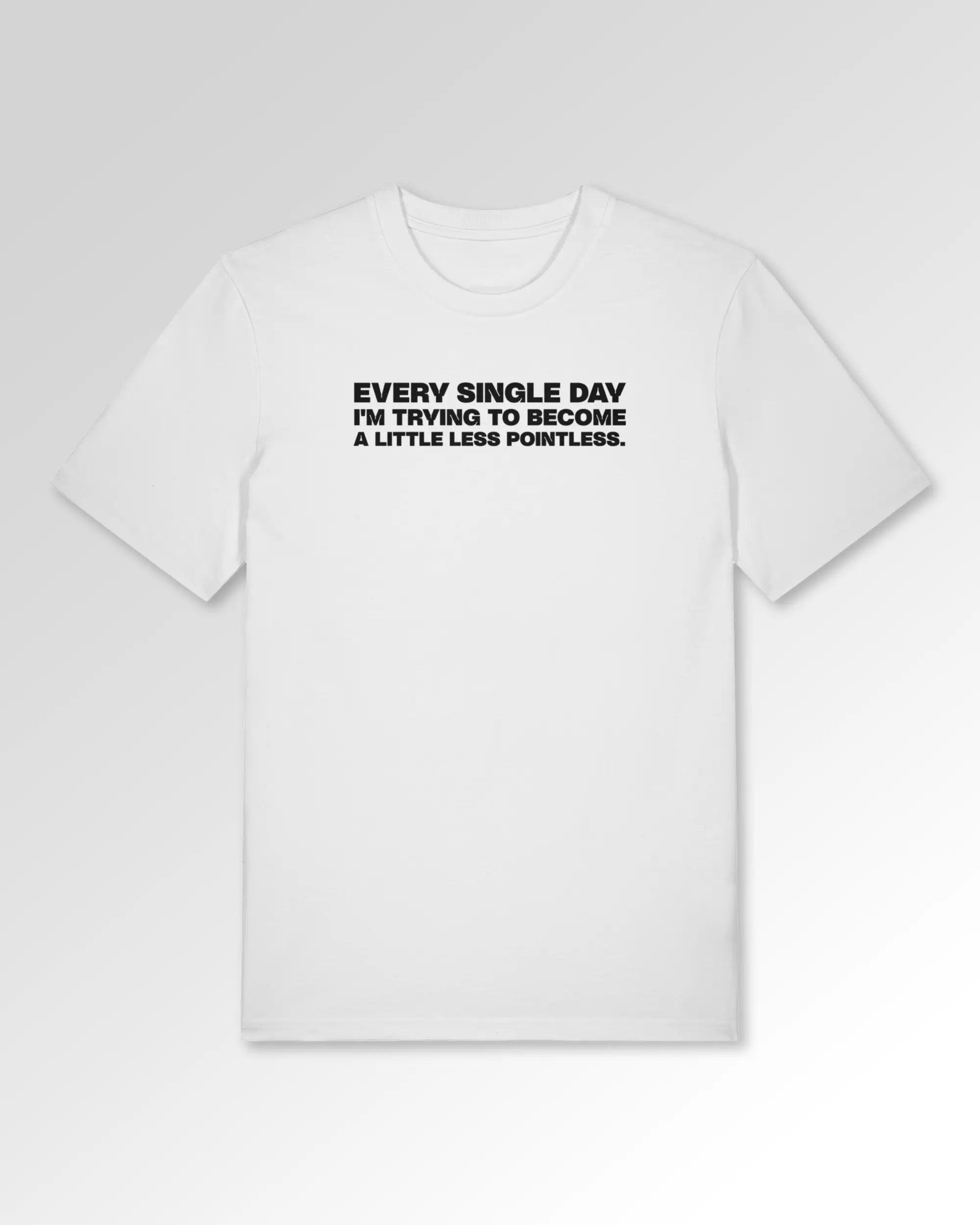 Packshot der Druckseite des Organic Unisex T-Shirts von Maondo im Casual Fit mit dem Design Less Pointless in der Farbe White