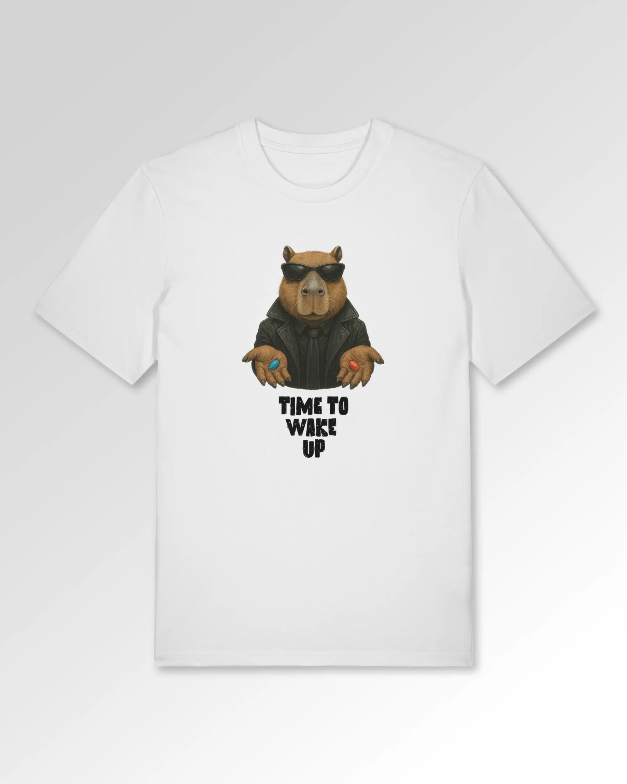 Packshot der Druckseite des Organic Unisex T-Shirts von Maondo im Casual Fit mit dem Design Wake up in der Farbe White