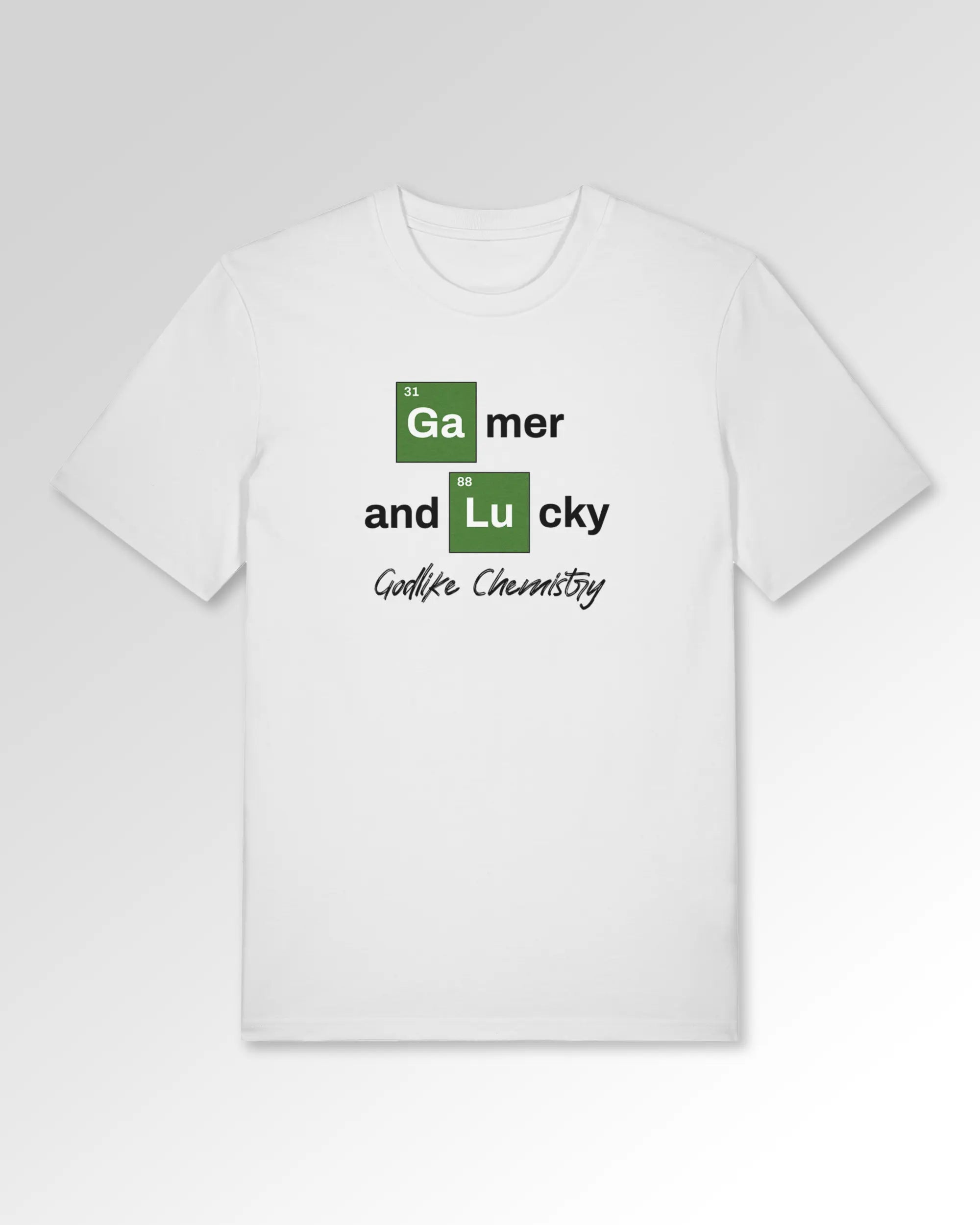 Packshot der Druckseite des Organic Unisex T-Shirts von Maondo im Casual Fit mit dem Design Gamer Chemistry in der Farbe White