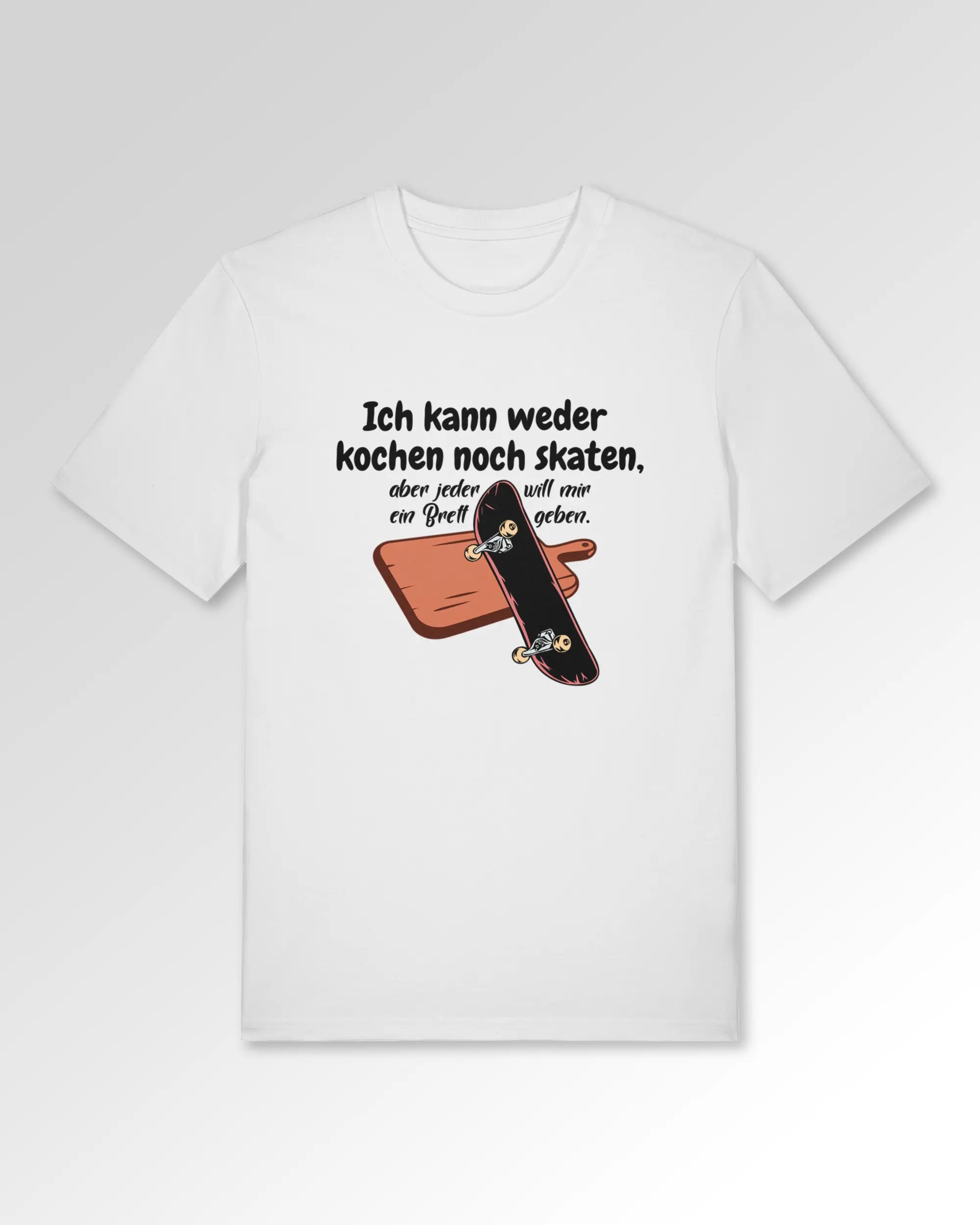 Packshot der Druckseite des Organic Unisex T-Shirts von Maondo im Casual Fit mit dem Design Ein Brett geben in der Farbe White