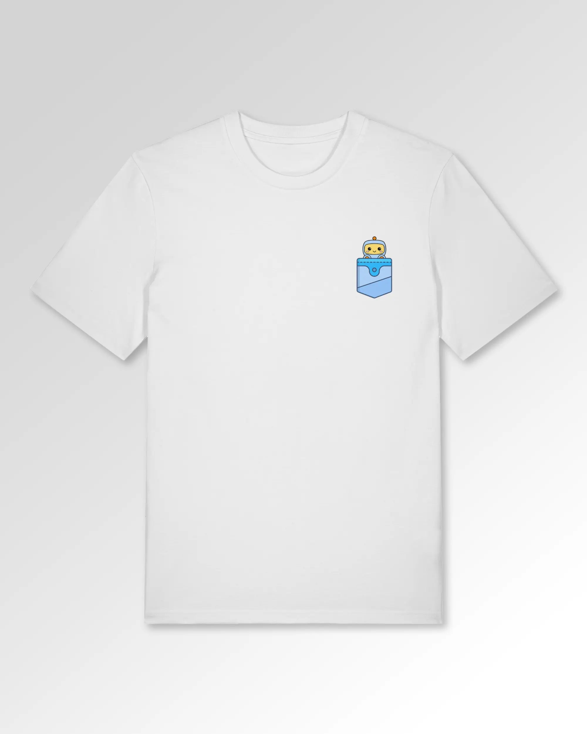 Packshot der Druckseite des Organic Unisex T-Shirts von Maondo im Casual Fit mit dem Design Taschenbot in der Farbe White