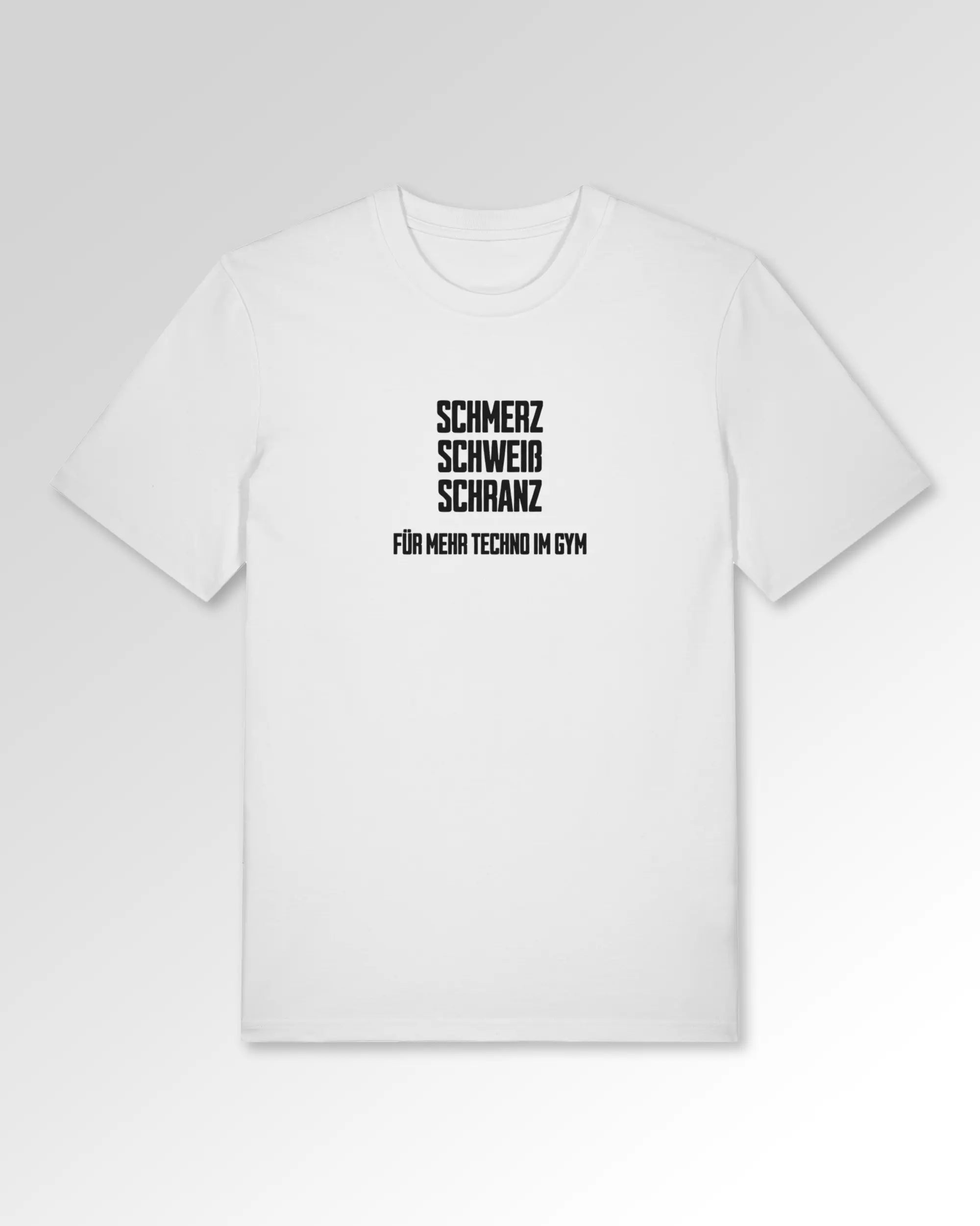 Packshot der Druckseite des Organic Unisex T-Shirts von Maondo im Casual Fit mit dem Design Techno im Gym in der Farbe White