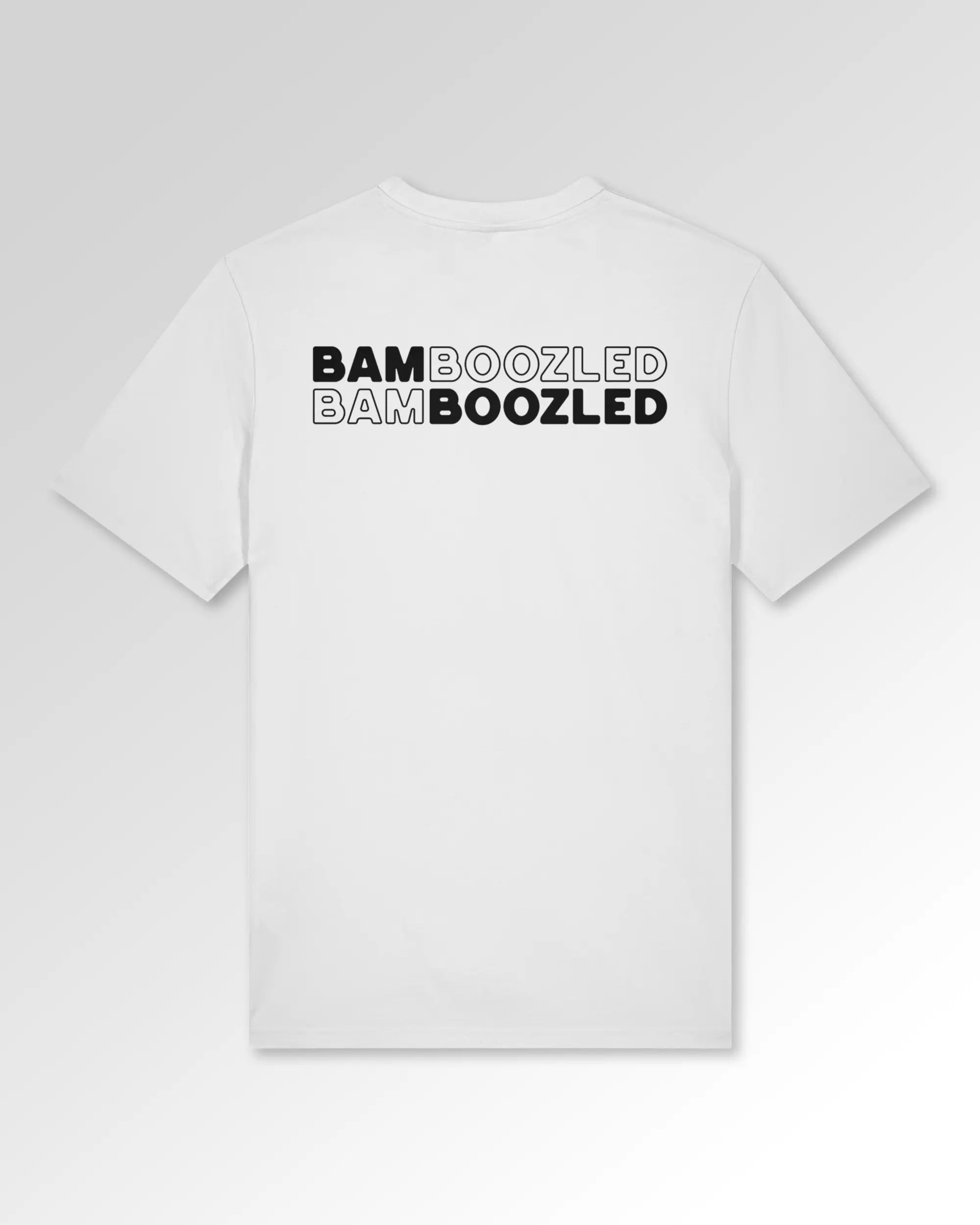 Packshot der Druckseite des Organic Unisex T-Shirts von Maondo im Casual Fit mit dem Design Double Bamboozled in der Farbe White