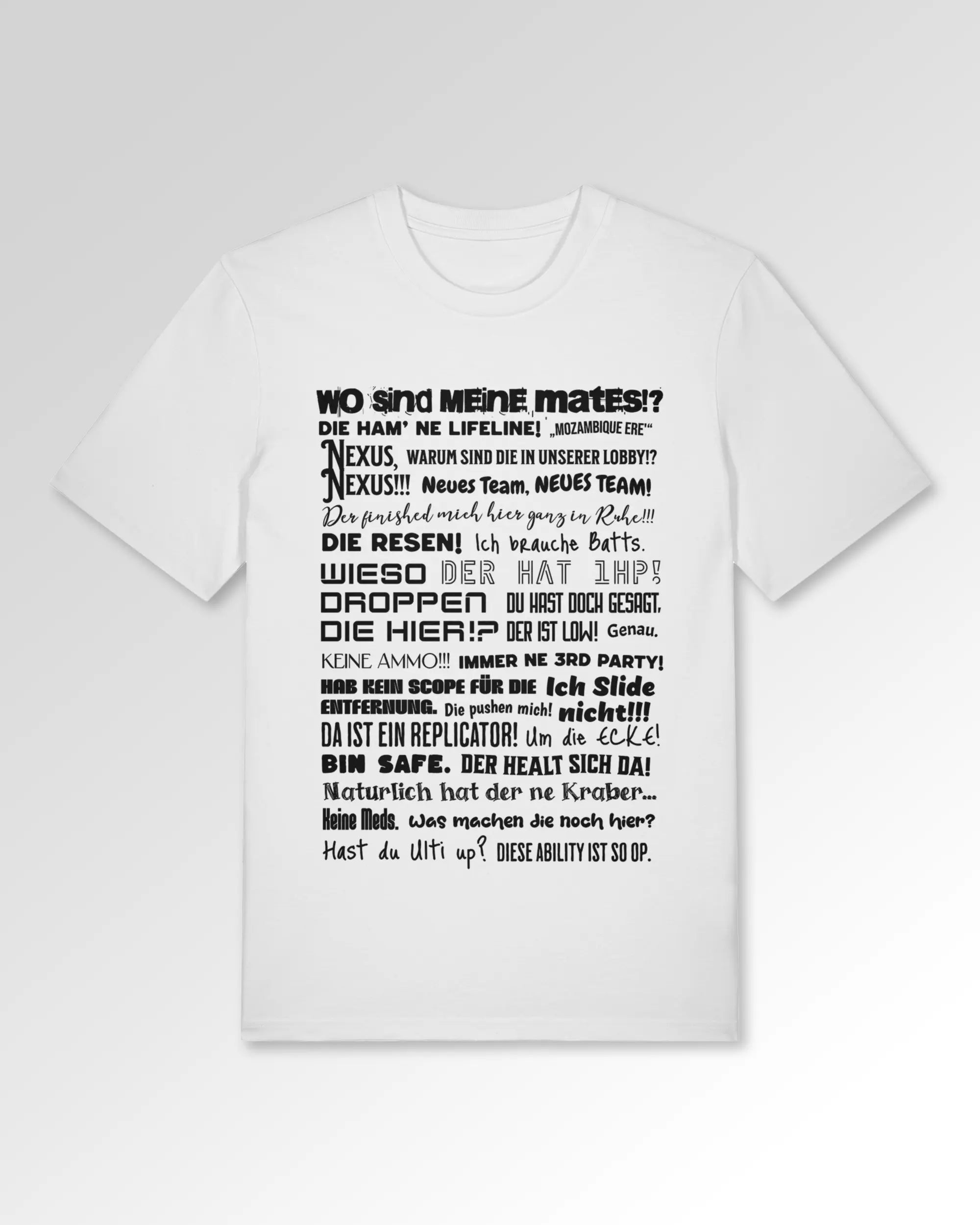 Packshot der Druckseite des Organic Unisex T-Shirts von Maondo im Casual Fit mit dem Design Apex Storytime in der Farbe White