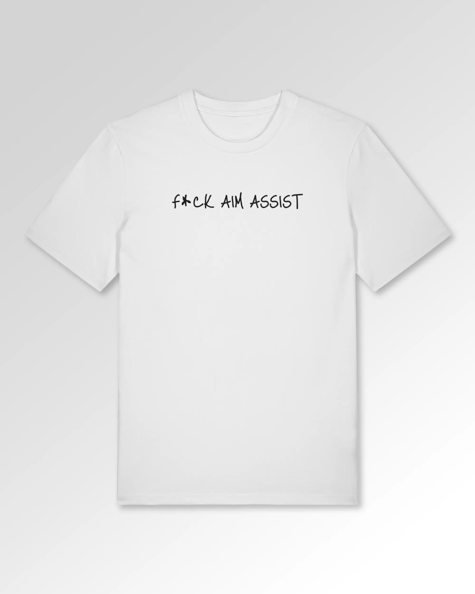 Packshot der Druckseite des Organic Unisex T-Shirts von Maondo im Casual Fit mit dem Design F Aim Assist in der Farbe White