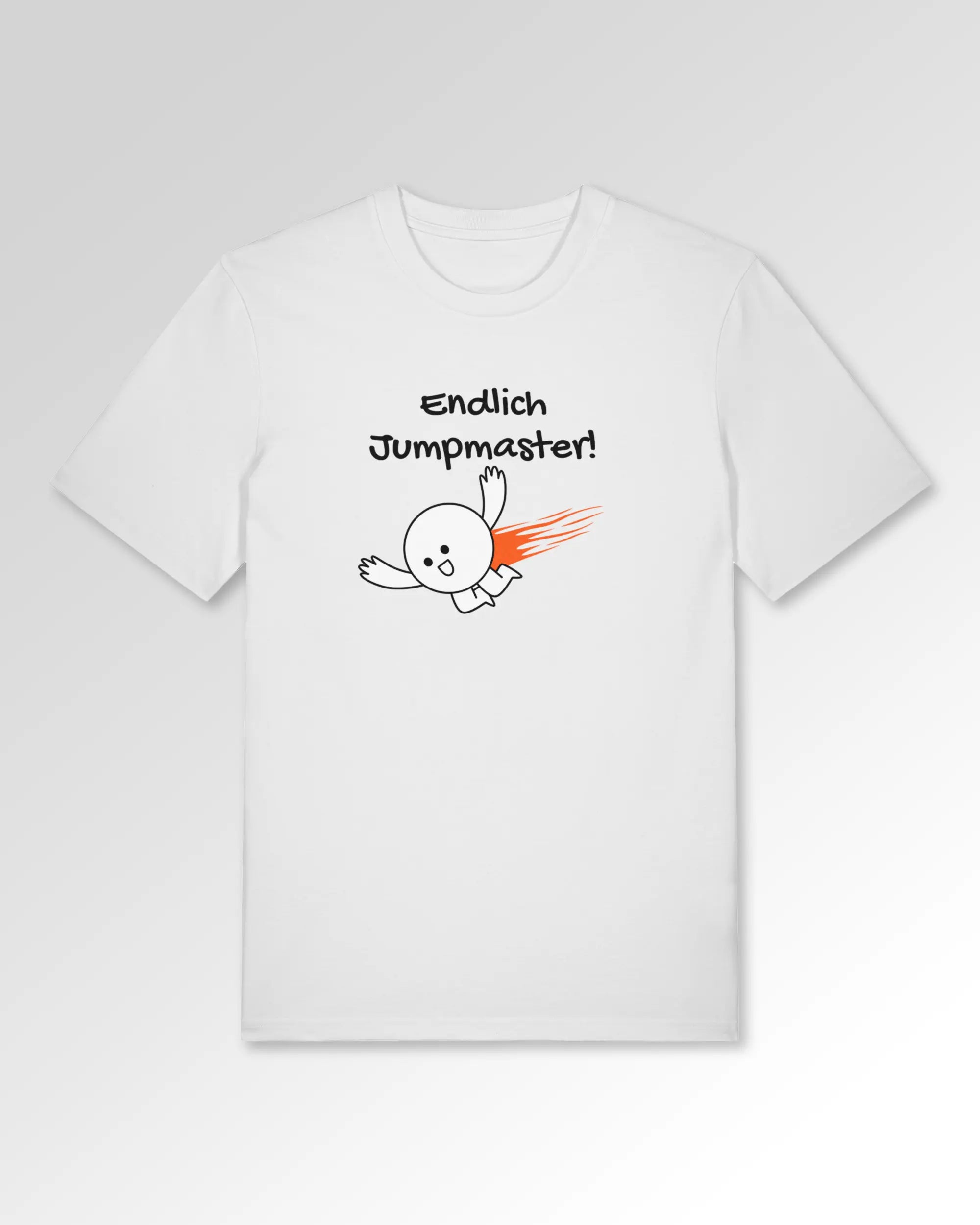 Packshot der Druckseite des Organic Unisex T-Shirts von Maondo im Casual Fit mit dem Design Endlich Jumpmaster in der Farbe White