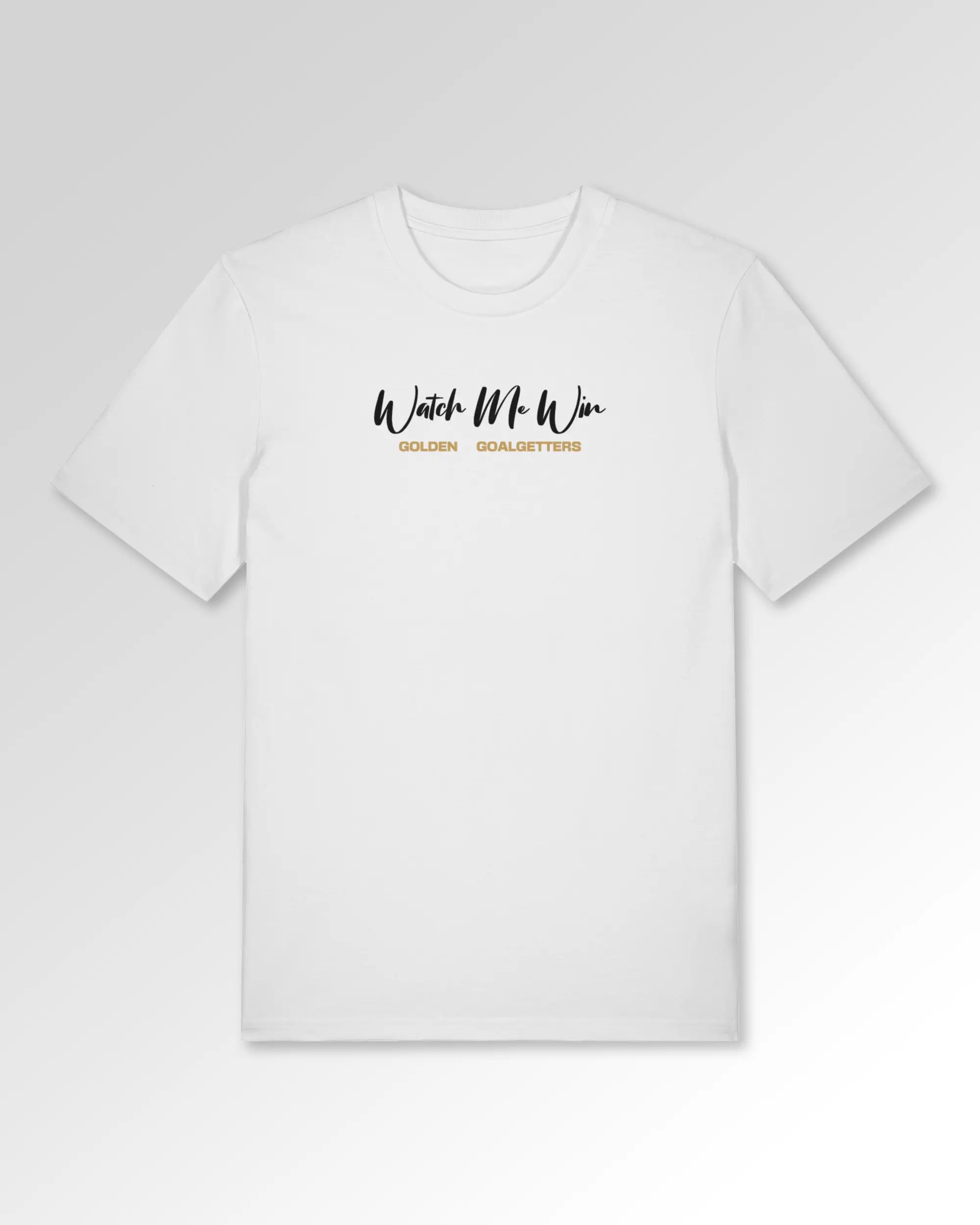 Packshot der primären Druckseite des Organic Unisex T-Shirts von Maondo im Casual Fit mit dem Design Golden Goalgetters in der Farbe White