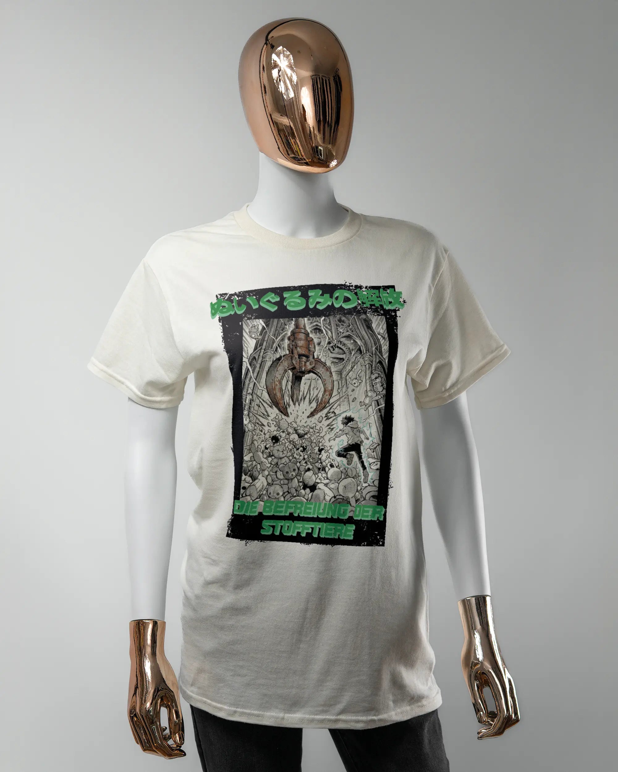 Vorderseite des Basic Unisex T-Shirt Regular von Maondo mit dem Design Save 1 Stofftier in der Farbe White und in der Größe S getragen von einer femininen Puppe