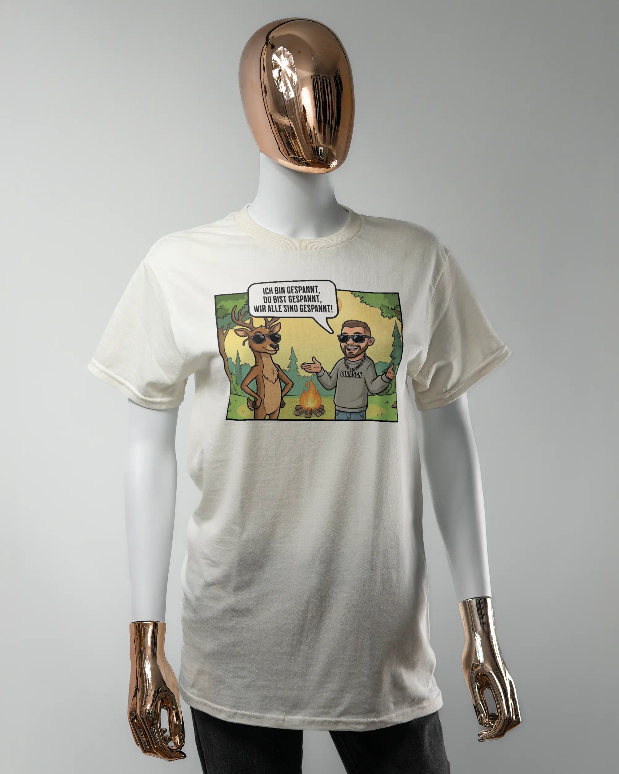 Vorderseite des Basic Unisex T-Shirt Regular von Maondo mit dem Design Vollspannung in der Farbe White und in der Größe S getragen von einer femininen Puppe