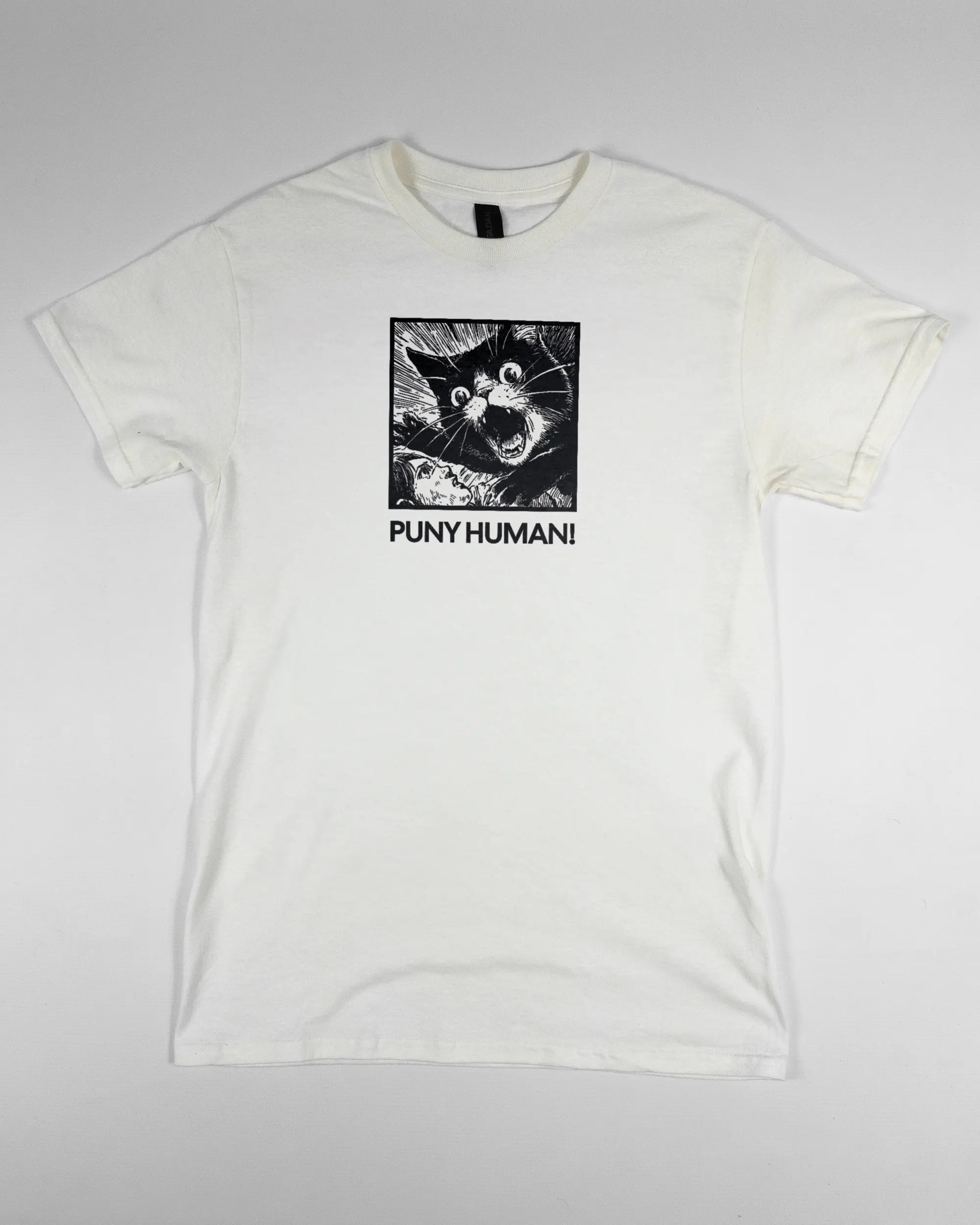 Vorderseite des Basic Unisex T-Shirt Regular von Maondo mit dem Design Puny Human in der Farbe White und in der Größe S flach auf den Boden gelegt