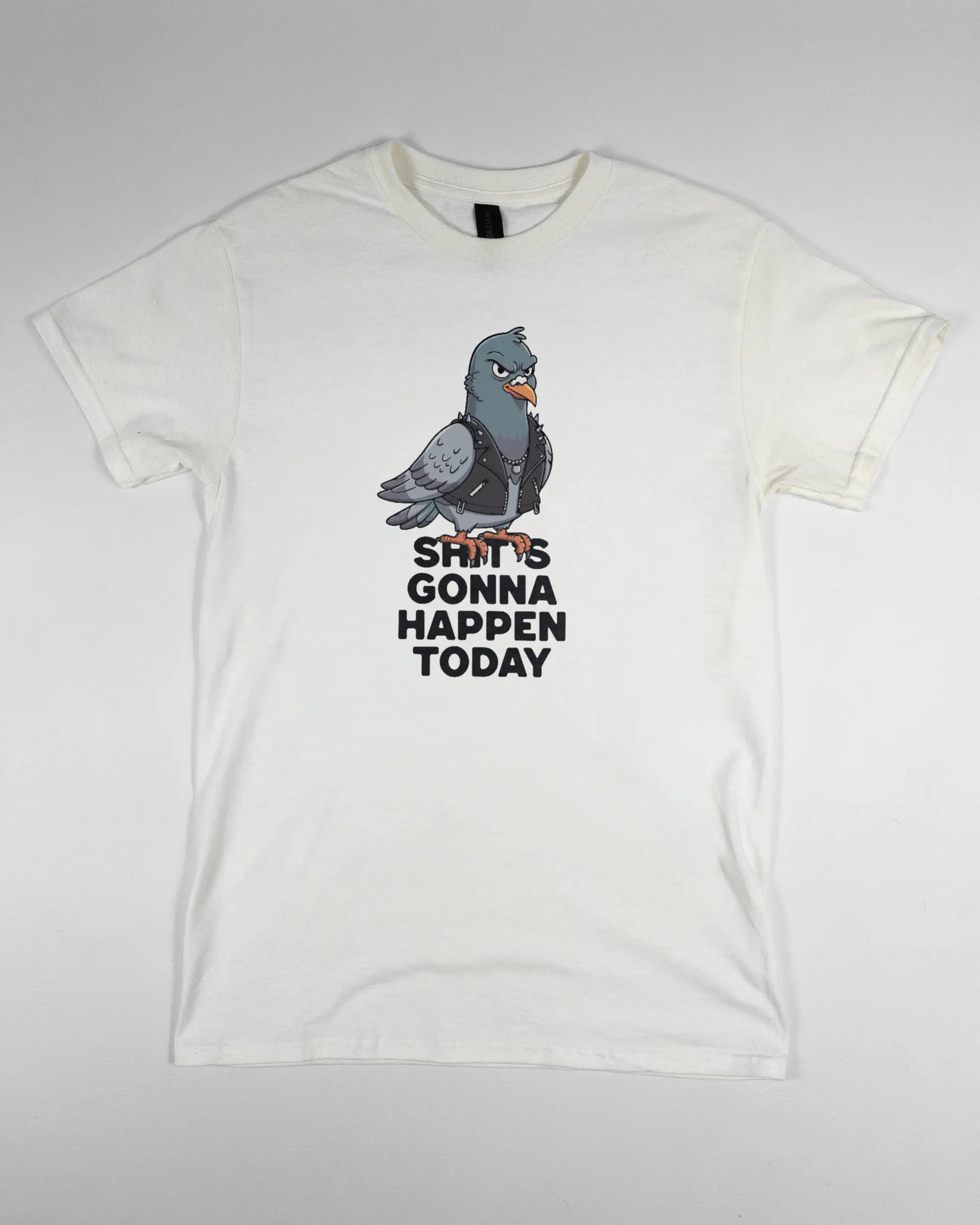 Vorderseite des Basic Unisex T-Shirt Regular von Maondo mit dem Design Pigeon Pun in der Farbe White und in der Größe S flach auf den Boden gelegt