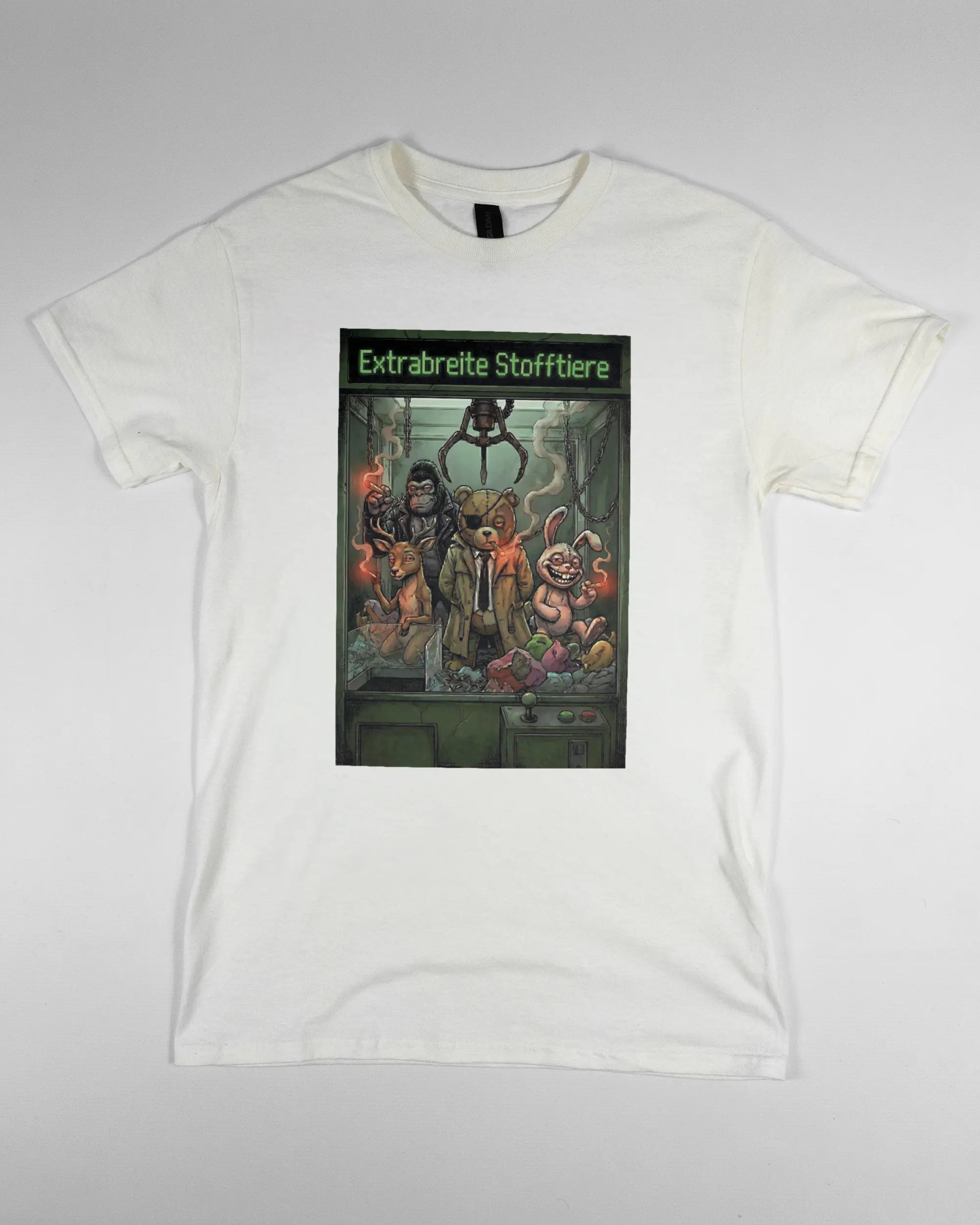 Vorderseite des Basic Unisex T-Shirt Regular von Maondo mit dem Design Extrabreit in der Farbe White und in der Größe S flach auf den Boden gelegt