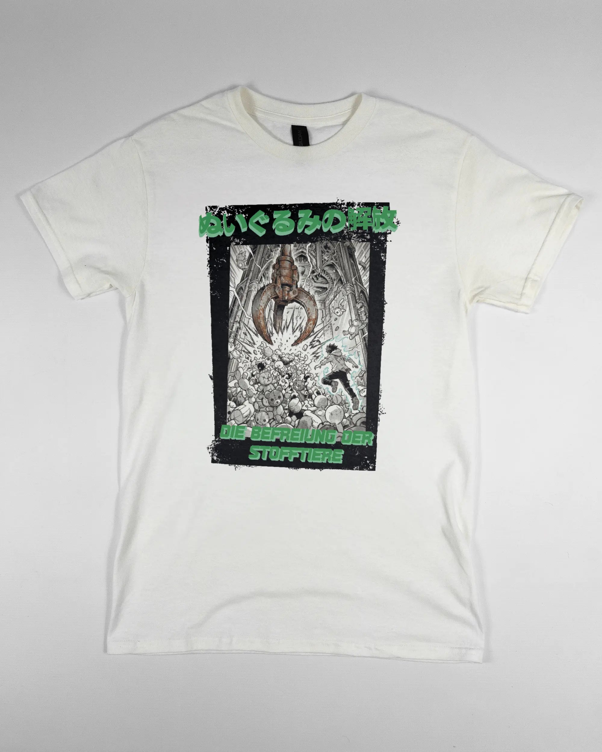 Vorderseite des Basic Unisex T-Shirt Regular von Maondo mit dem Design Save 1 Stofftier in der Farbe White und in der Größe S flach auf den Boden gelegt