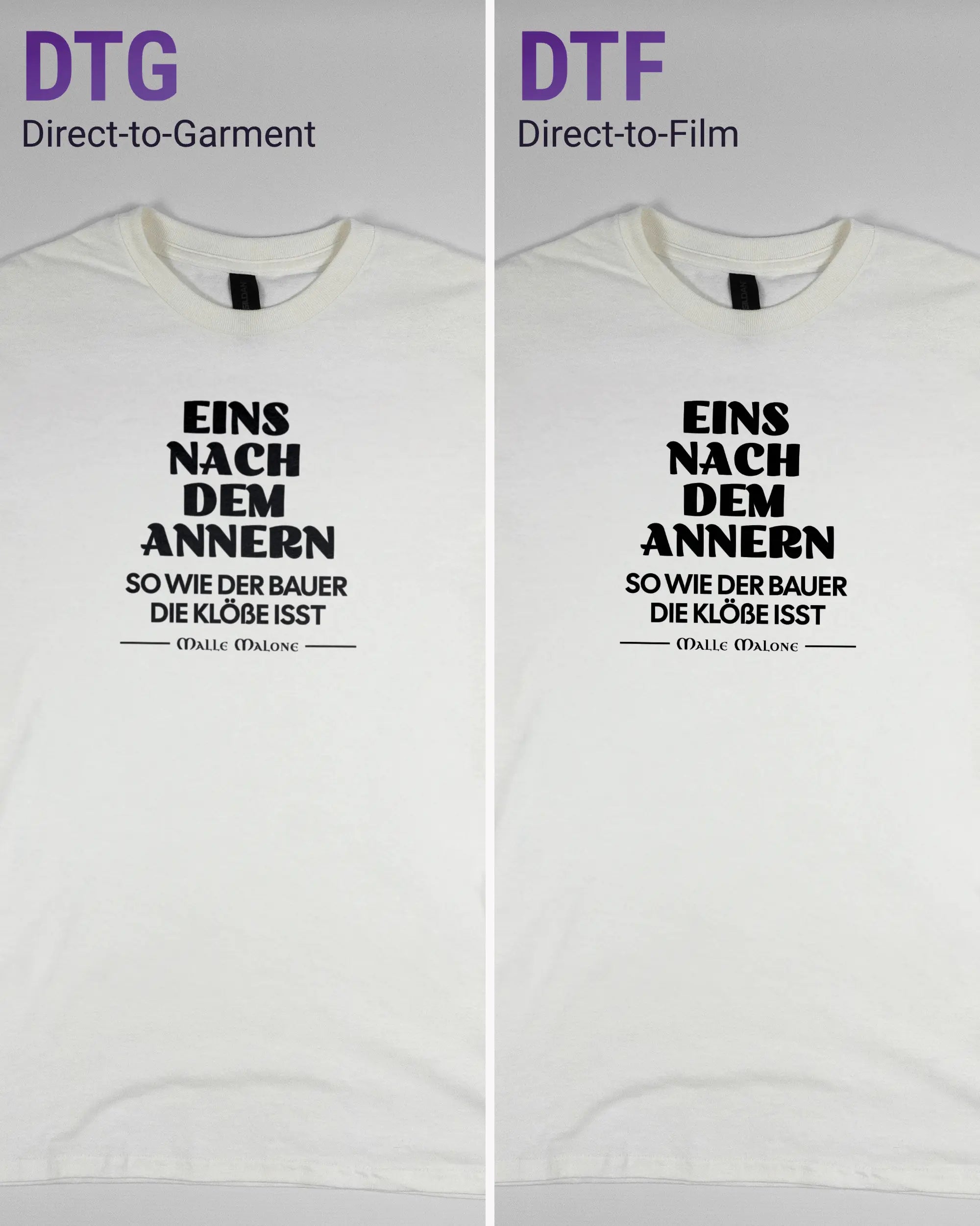Vergleich der Vorderseiten des Basic Unisex T-Shirt Regular von Maondo mit dem Design Eins nach dem Annern in der Farbe White und in der Größe S links mit dem Direct-to-Garment und rechts mit dem Direct-to-Film Verfahren