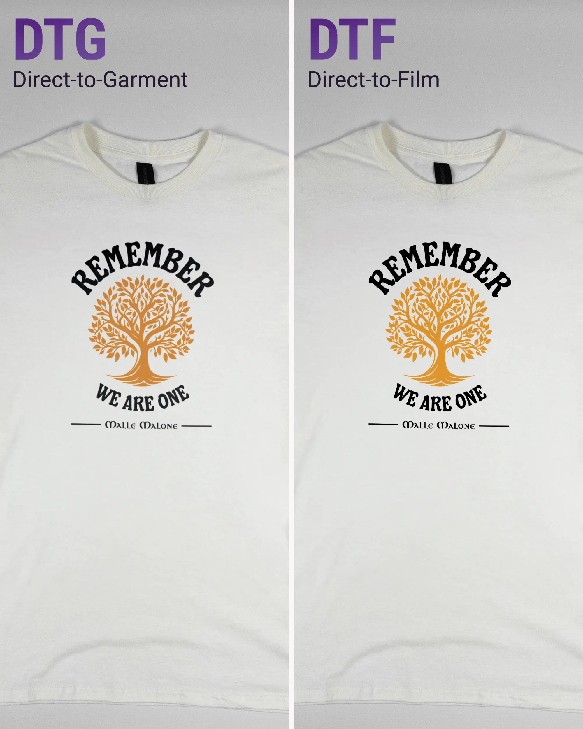 Vergleich der Vorderseiten des Basic Unisex T-Shirt Regular von Maondo mit dem Design We are one in der Farbe White und in der Größe S links mit dem Direct-to-Garment und rechts mit dem Direct-to-Film Verfahren