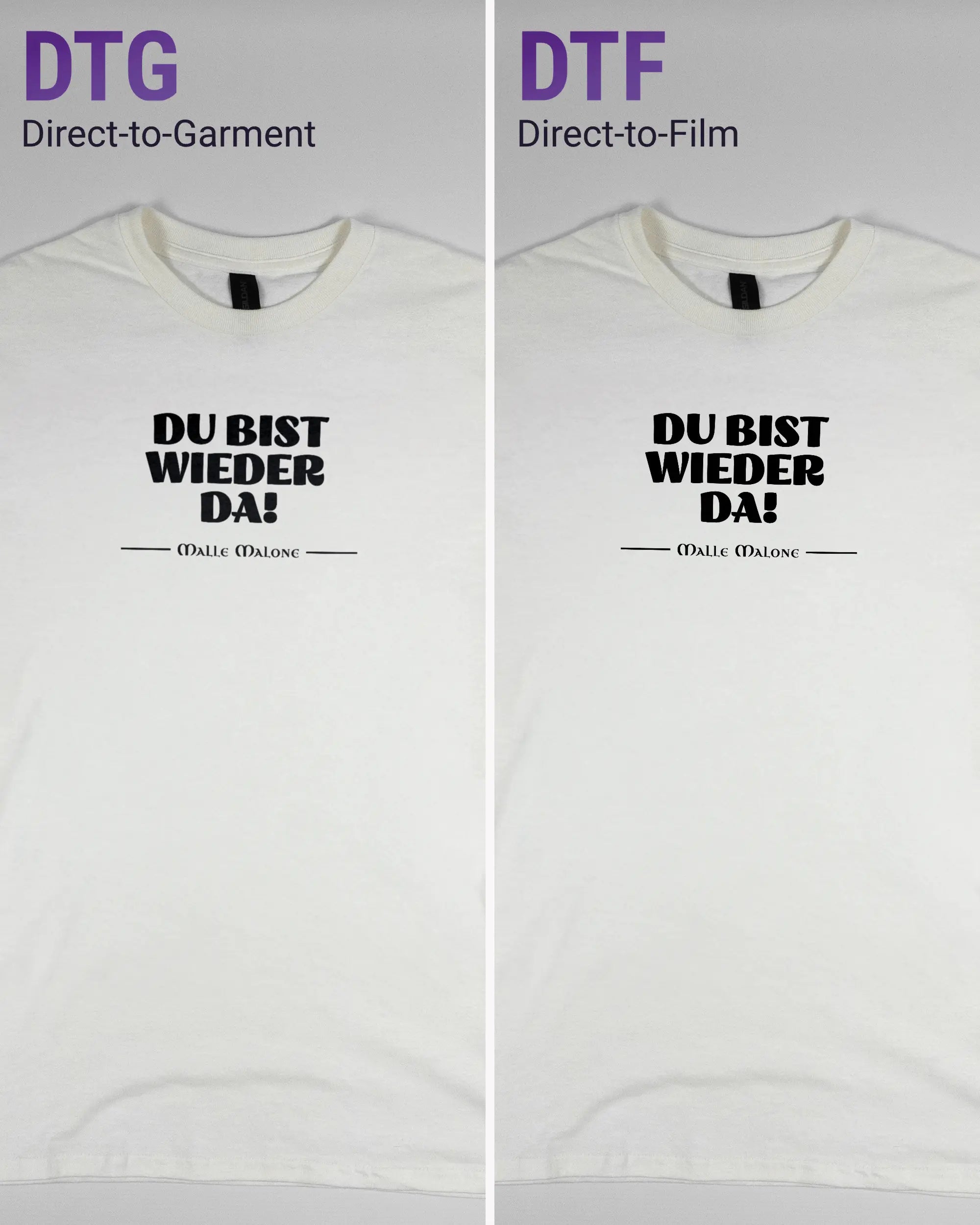 Vergleich der Vorderseiten des Basic Unisex T-Shirt Regular von Maondo mit dem Design Wieder da in der Farbe White und in der Größe S links mit dem Direct-to-Garment und rechts mit dem Direct-to-Film Verfahren