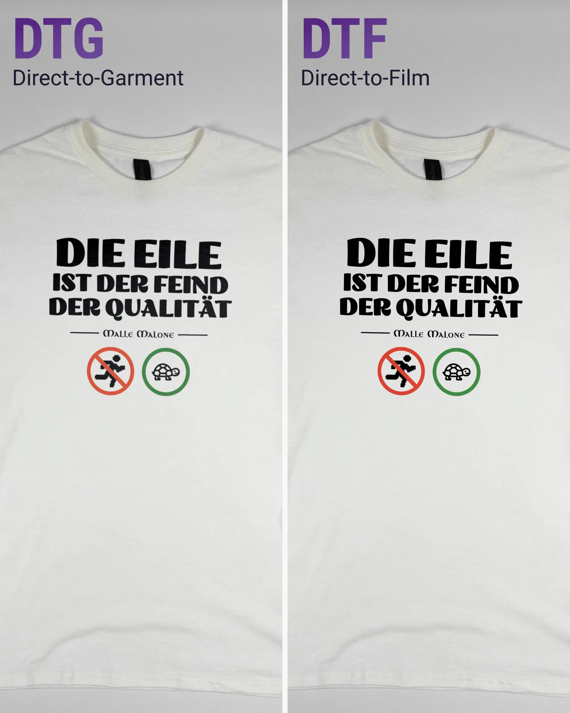 Vergleich der Vorderseiten des Basic Unisex T-Shirt Regular von Maondo mit dem Design Keine Eile in der Farbe White und in der Größe S links mit dem Direct-to-Garment und rechts mit dem Direct-to-Film Verfahren
