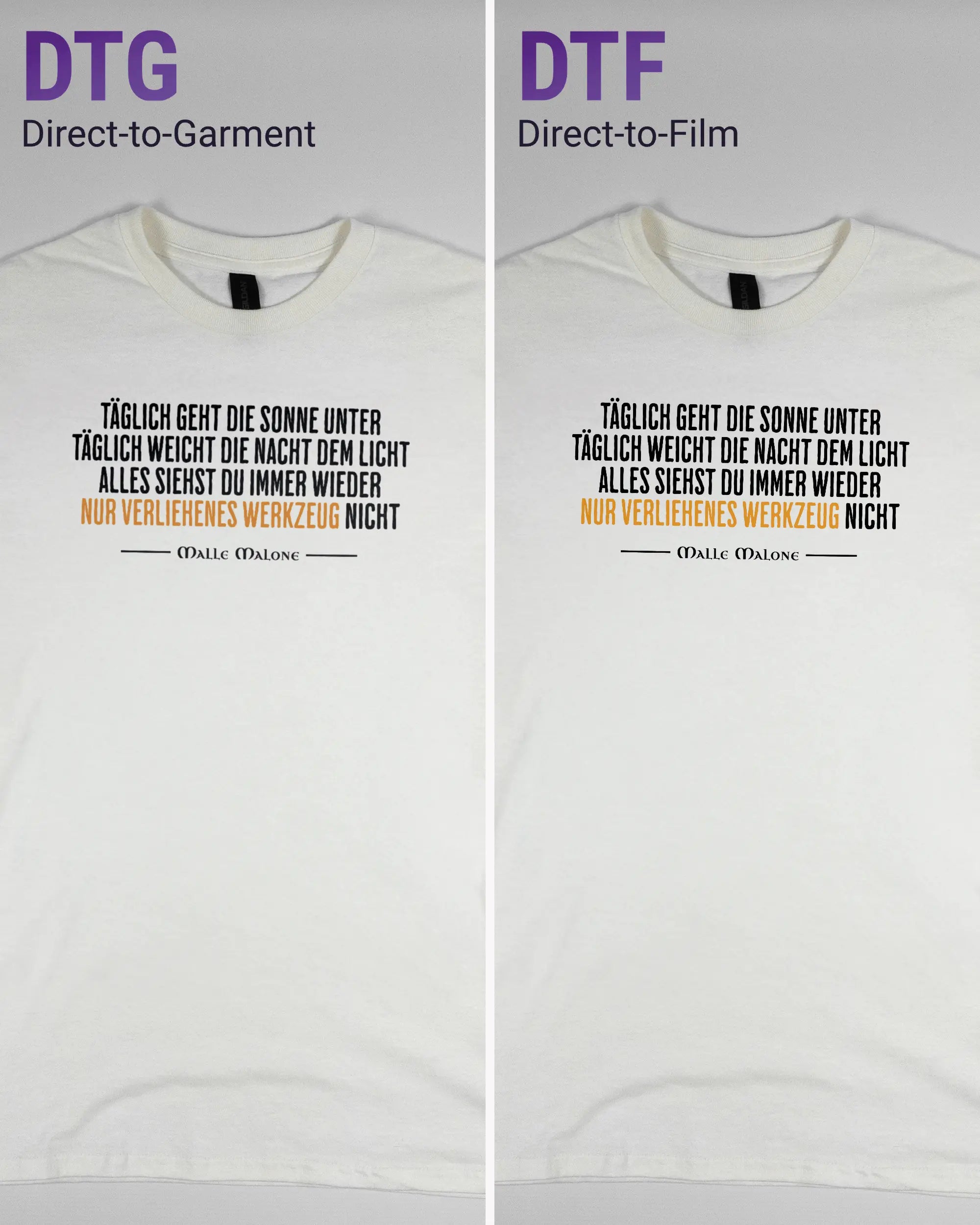 Vergleich der Vorderseiten des Basic Unisex T-Shirt Regular von Maondo mit dem Design Wegzeug in der Farbe White und in der Größe S links mit dem Direct-to-Garment und rechts mit dem Direct-to-Film Verfahren