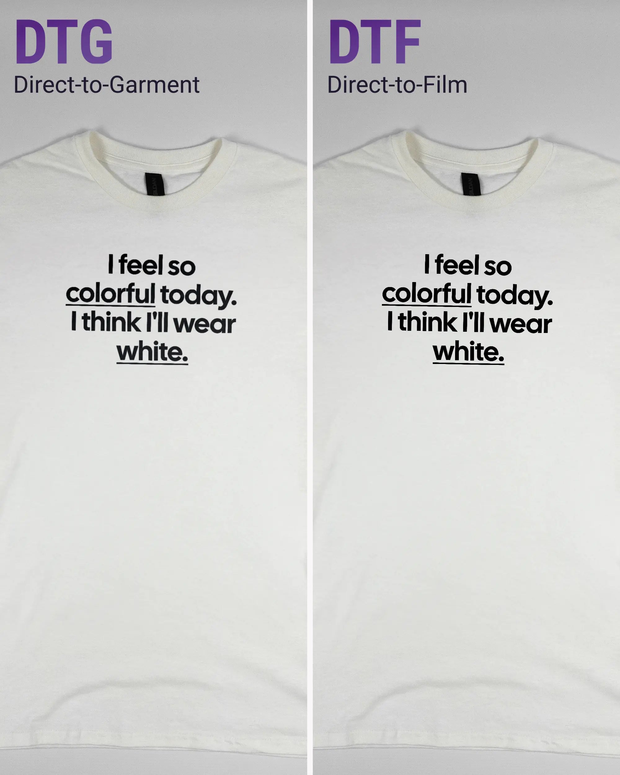 Vergleich der Vorderseiten des Basic Unisex T-Shirt Regular von Maondo mit dem Design Colorful Day in der Farbe White und in der Größe S links mit dem Direct-to-Garment und rechts mit dem Direct-to-Film Verfahren