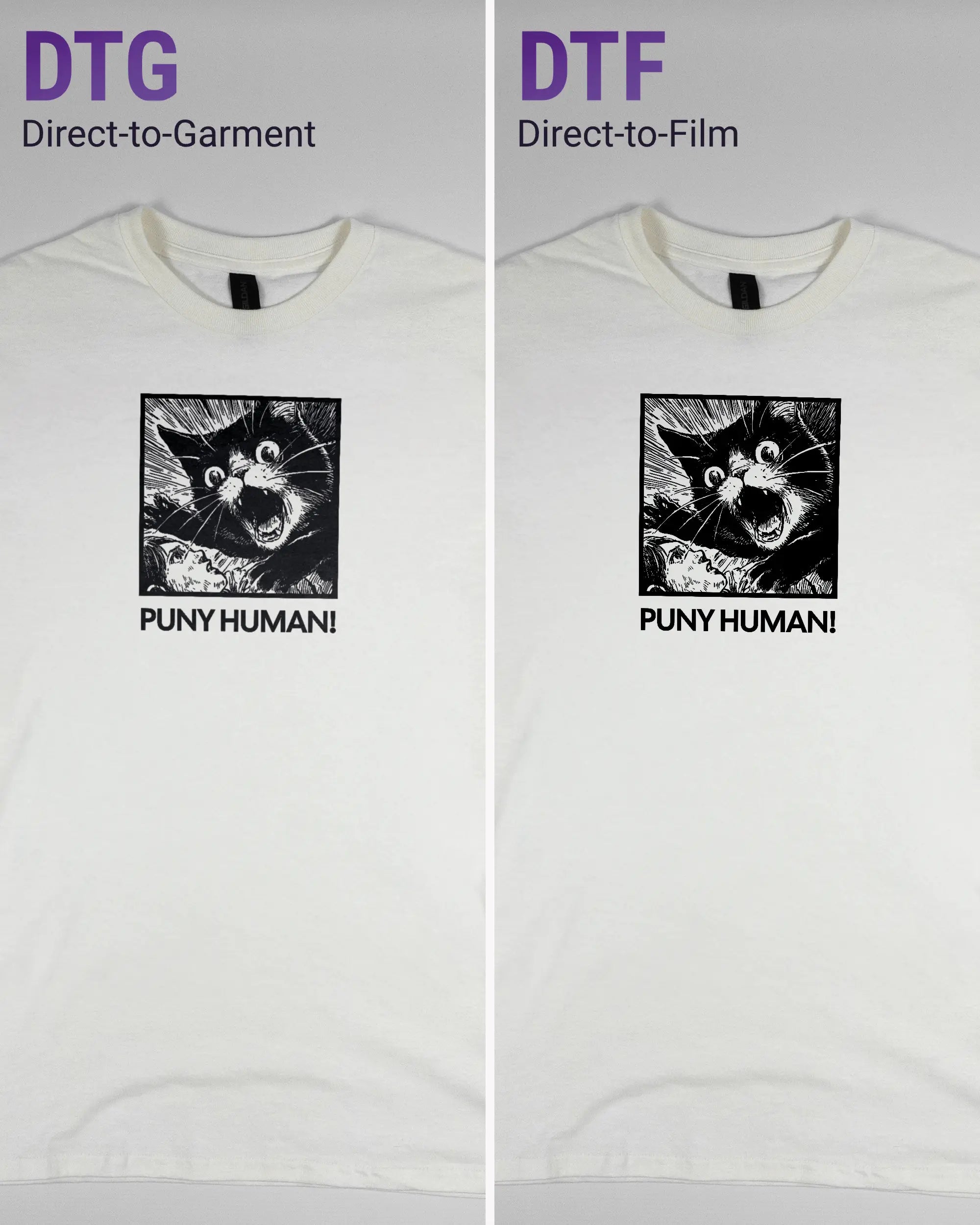 Vergleich der Vorderseiten des Basic Unisex T-Shirt Regular von Maondo mit dem Design Puny Human in der Farbe White und in der Größe S links mit dem Direct-to-Garment und rechts mit dem Direct-to-Film Verfahren