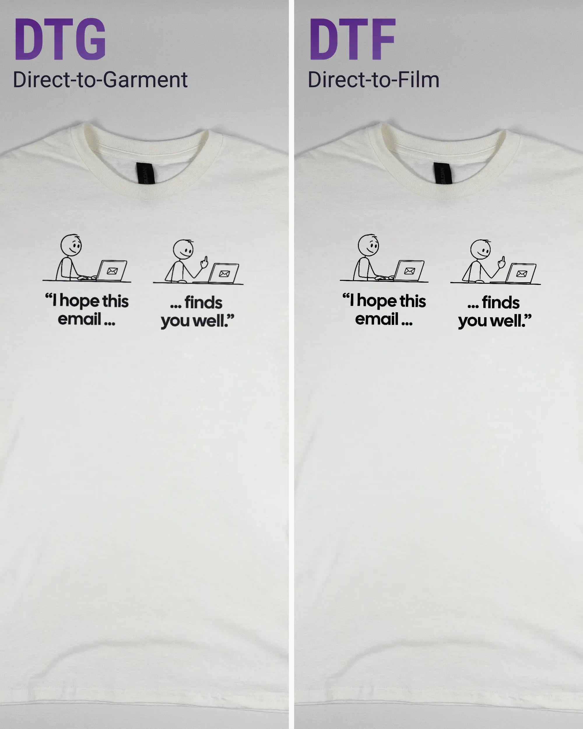 Vergleich der Vorderseiten des Basic Unisex T-Shirt Regular von Maondo mit dem Design Found me not well in der Farbe White und in der Größe S links mit dem Direct-to-Garment und rechts mit dem Direct-to-Film Verfahren