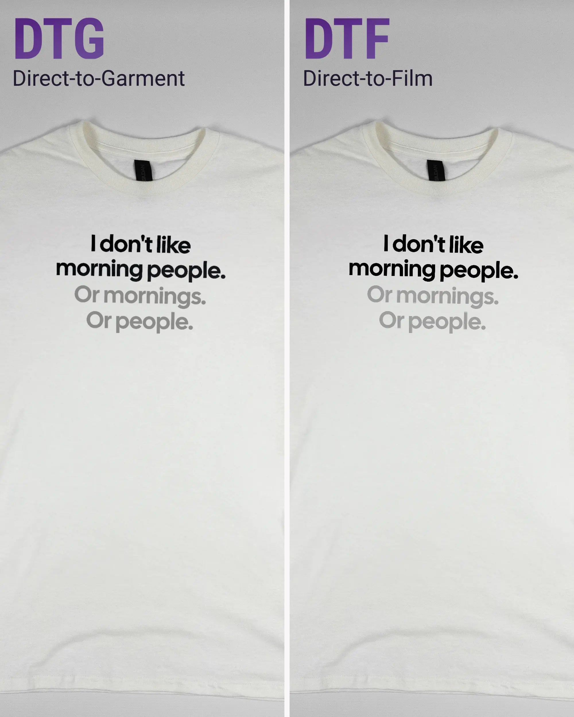 Vergleich der Vorderseiten des Basic Unisex T-Shirt Regular von Maondo mit dem Design Morning Person in der Farbe White und in der Größe S links mit dem Direct-to-Garment und rechts mit dem Direct-to-Film Verfahren