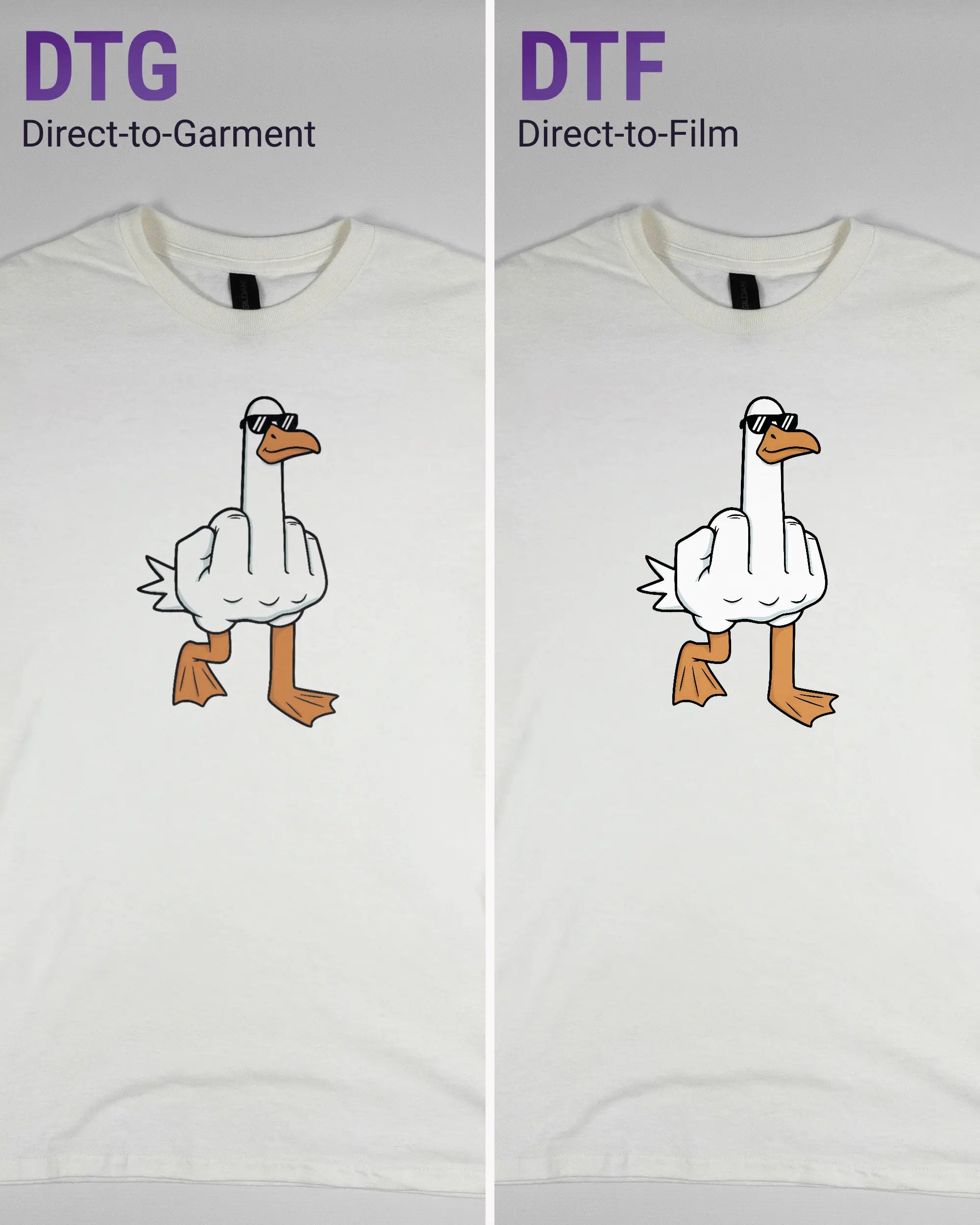 Vergleich der Vorderseiten des Basic Unisex T-Shirt Regular von Maondo mit dem Design I give a duck in der Farbe White und in der Größe S links mit dem Direct-to-Garment und rechts mit dem Direct-to-Film Verfahren