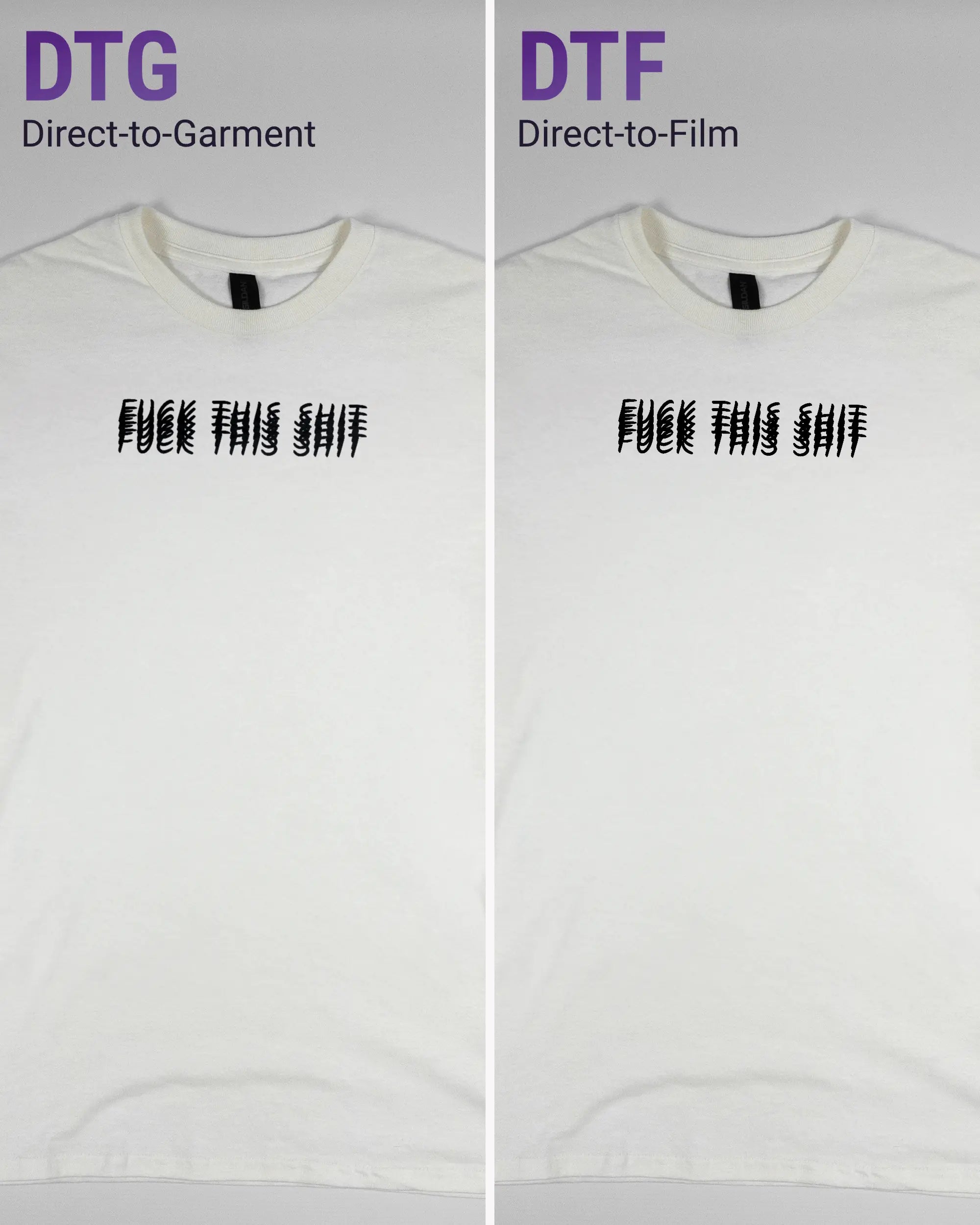 Vergleich der Vorderseiten des Basic Unisex T-Shirt Regular von Maondo mit dem Design Hidden Message in der Farbe White und in der Größe S links mit dem Direct-to-Garment und rechts mit dem Direct-to-Film Verfahren