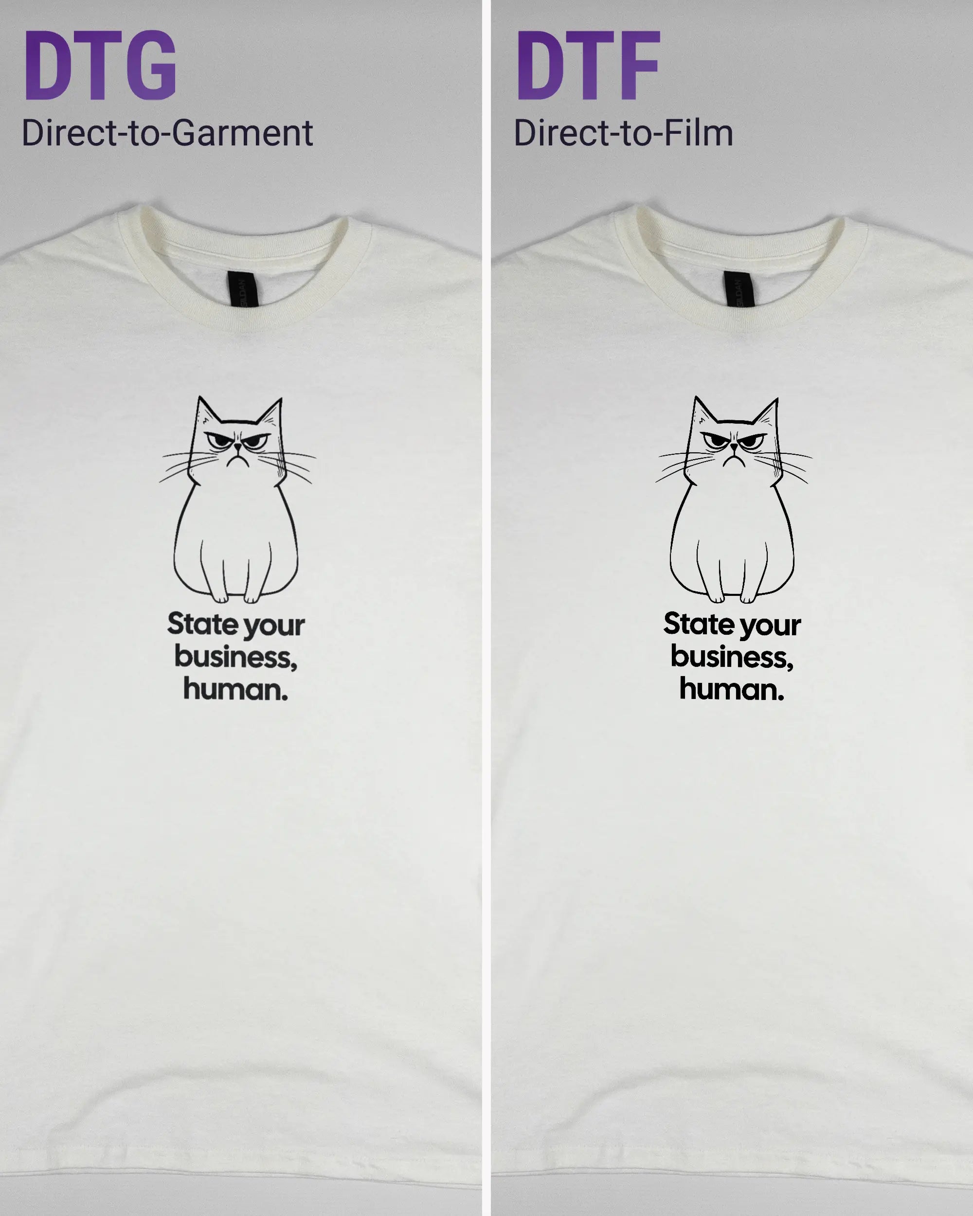 Vergleich der Vorderseiten des Basic Unisex T-Shirt Regular von Maondo mit dem Design Grumpy Purr in der Farbe White und in der Größe S links mit dem Direct-to-Garment und rechts mit dem Direct-to-Film Verfahren