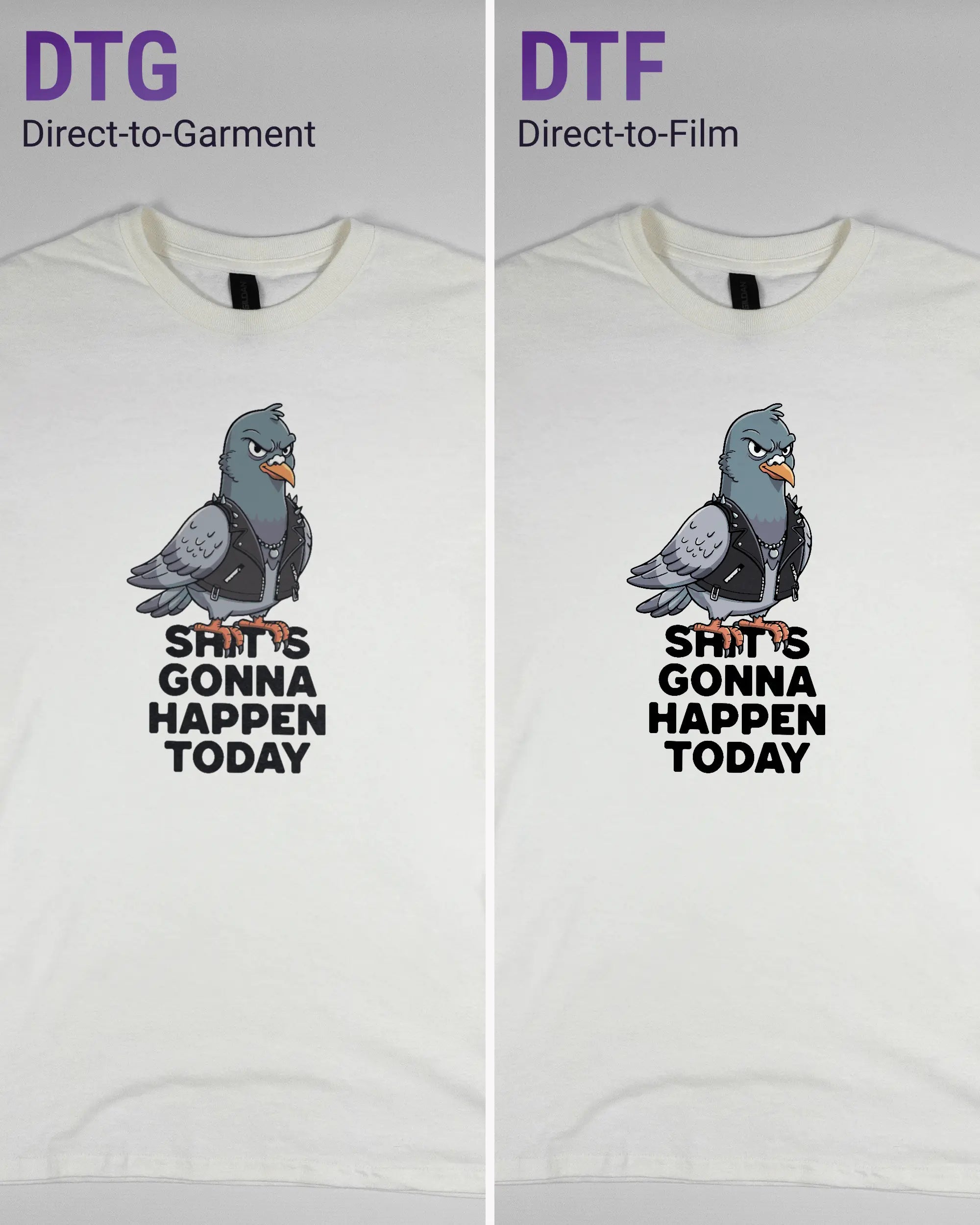 Vergleich der Vorderseiten des Basic Unisex T-Shirt Regular von Maondo mit dem Design Pigeon Pun in der Farbe White und in der Größe S links mit dem Direct-to-Garment und rechts mit dem Direct-to-Film Verfahren
