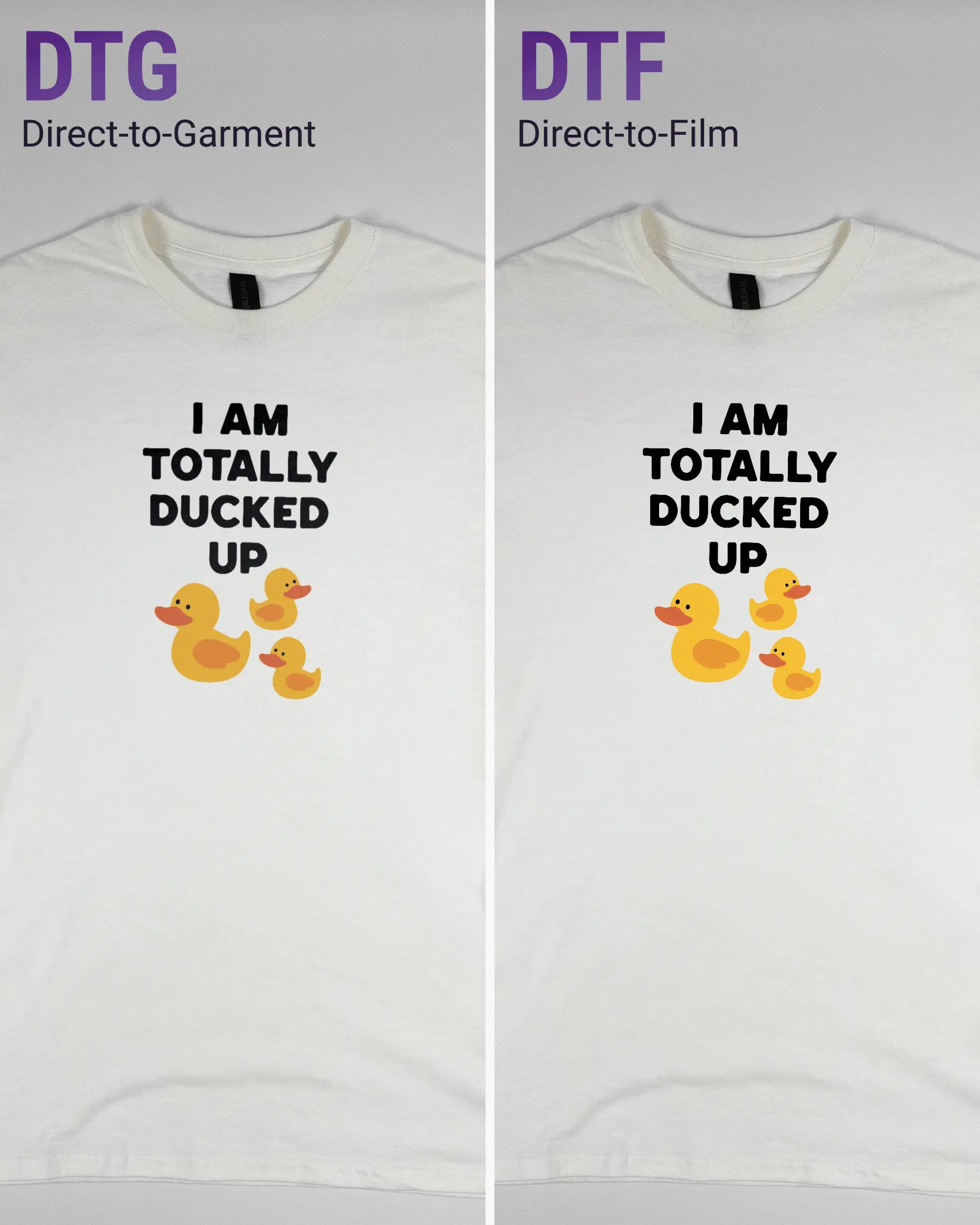 Vergleich der Vorderseiten des Basic Unisex T-Shirt Regular von Maondo mit dem Design Ducked Up in der Farbe White und in der Größe S links mit dem Direct-to-Garment und rechts mit dem Direct-to-Film Verfahren