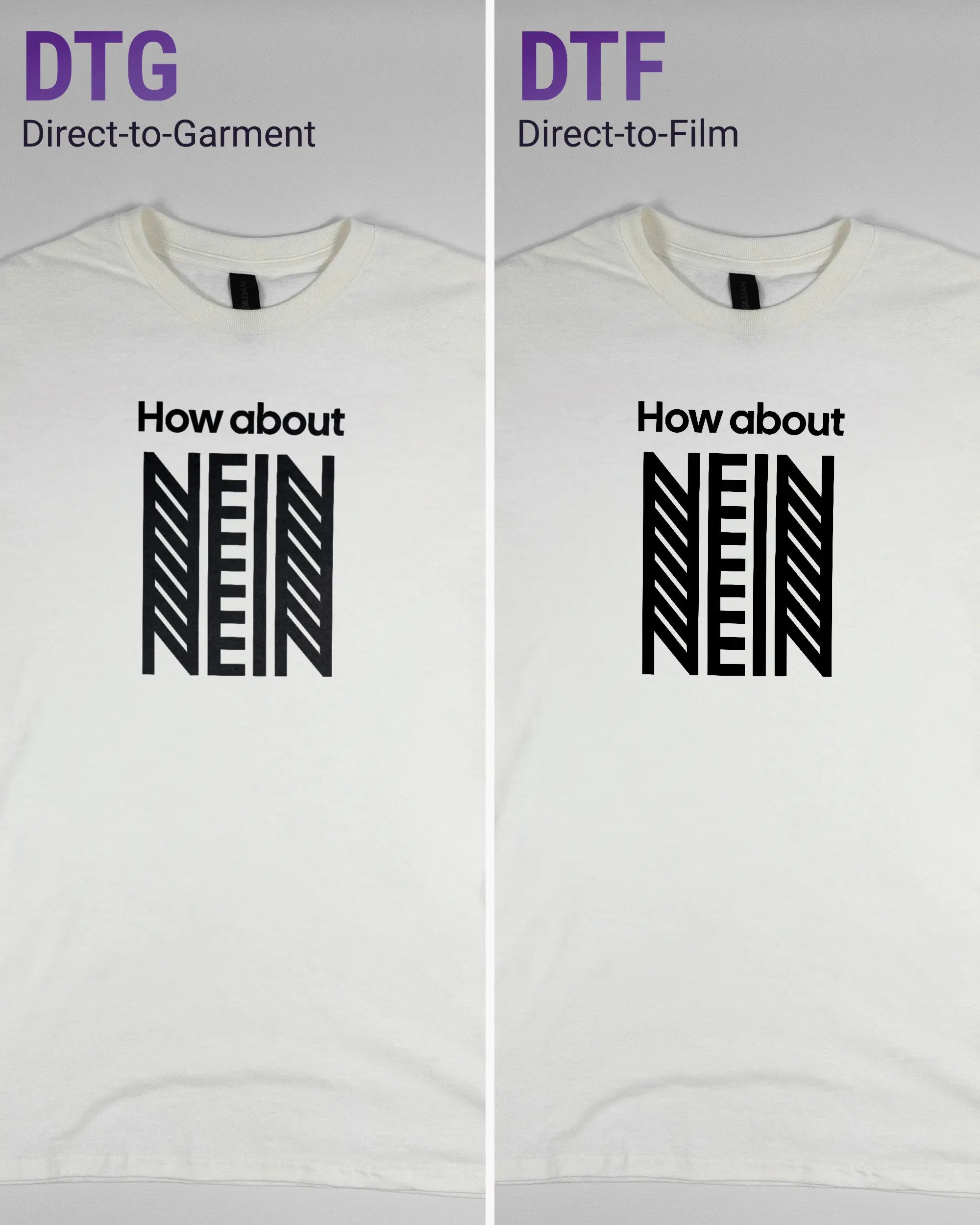 Vergleich der Vorderseiten des Basic Unisex T-Shirt Regular von Maondo mit dem Design How about nein in der Farbe White und in der Größe S links mit dem Direct-to-Garment und rechts mit dem Direct-to-Film Verfahren